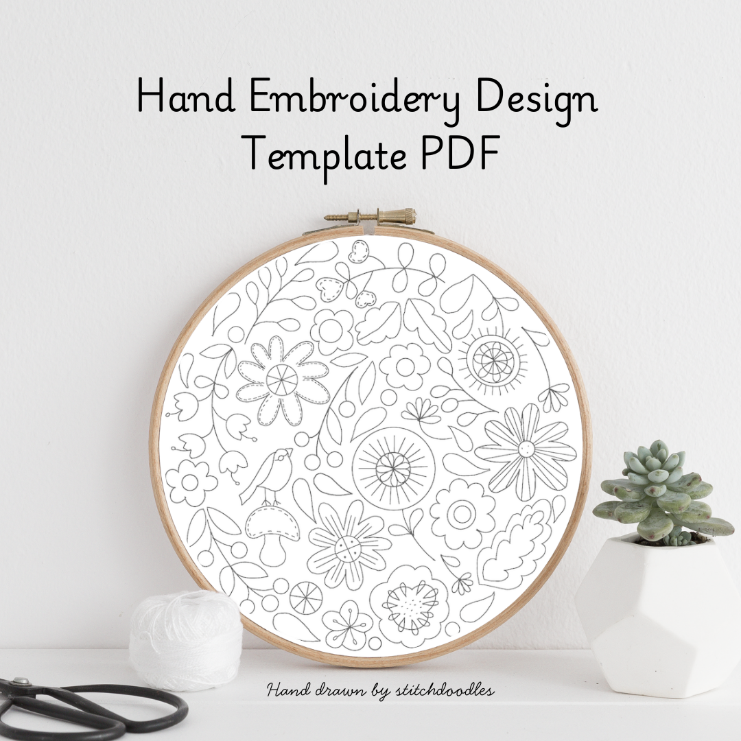 Hand embroidery design template PDF with floral pattern in an embroidery hoop on a white background.