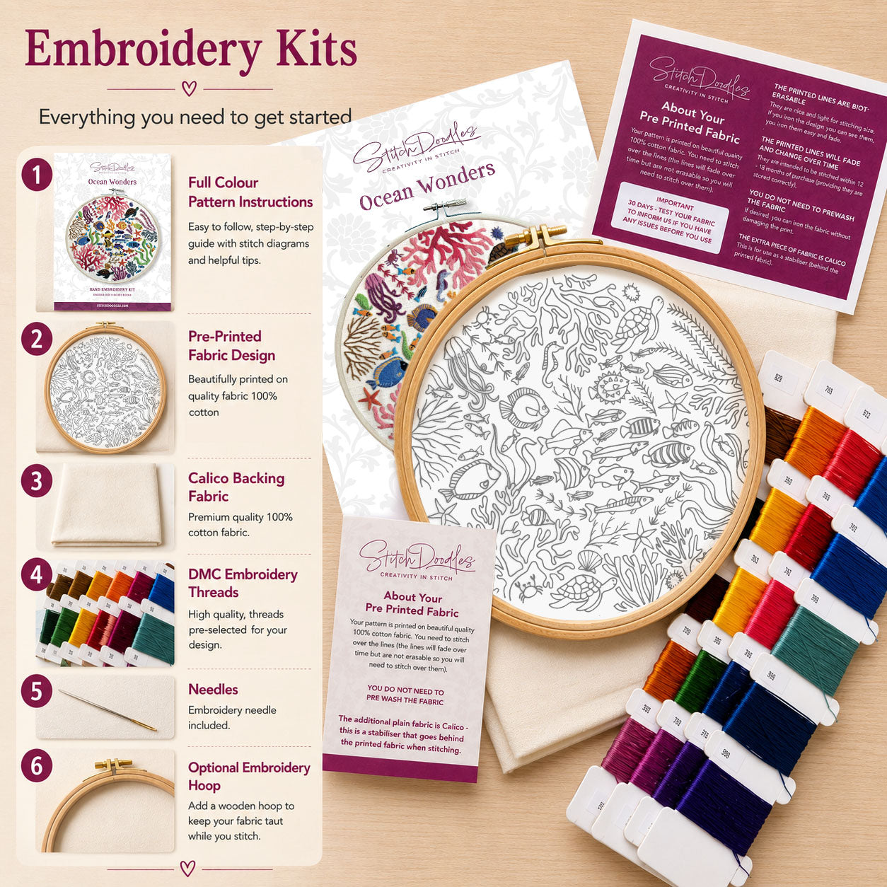 stitchdoodles Hand Embroidery kit with all necessary items on a wooden surface