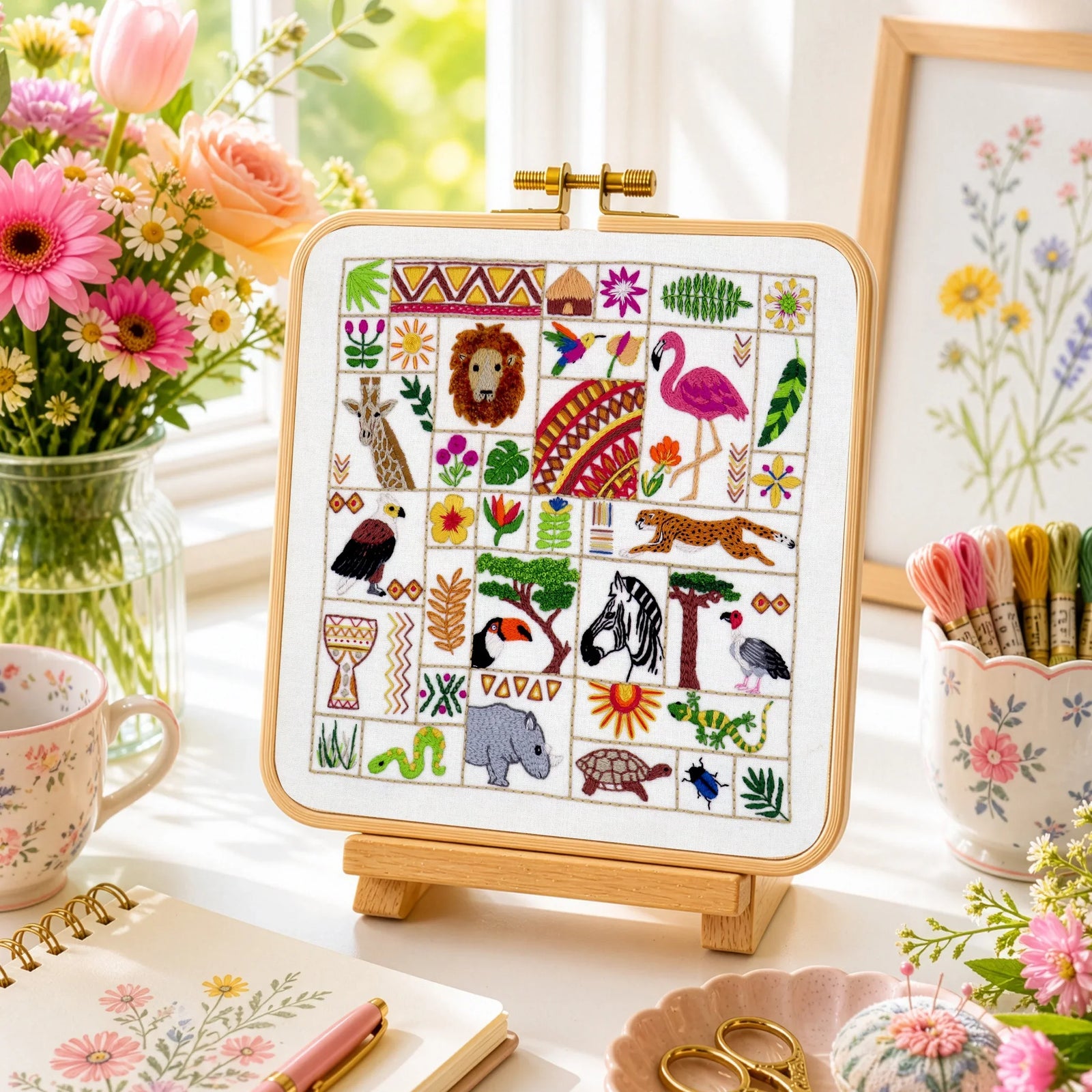 Stitch your way through the flora and fauna of Africa whilst encountering magnificent animals and birds along the way. From the majestic lion to the humble beetle, there are so many discoveries to stitch you will be delighted to see it all come alive in thread.