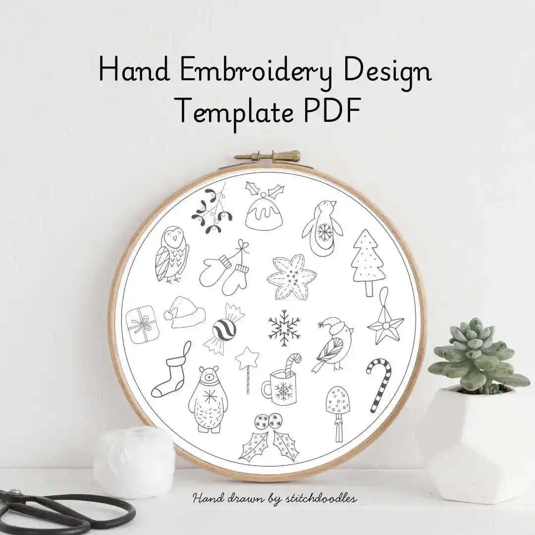 Hand embroidery design template PDF with illustrations in an embroidery hoop on a white background.
