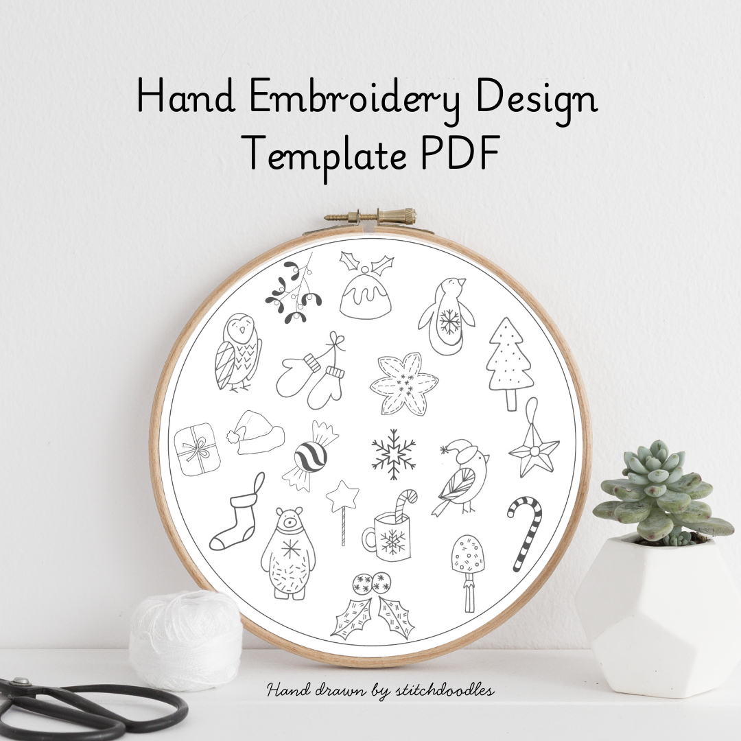 Hand embroidery design template PDF with illustrations in an embroidery hoop on a white background.
