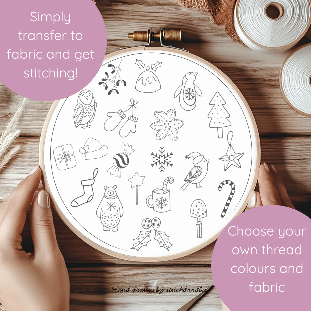 Embroidery hoop with black and white pattern on a wooden surface, with text about fabric transfer and color options.