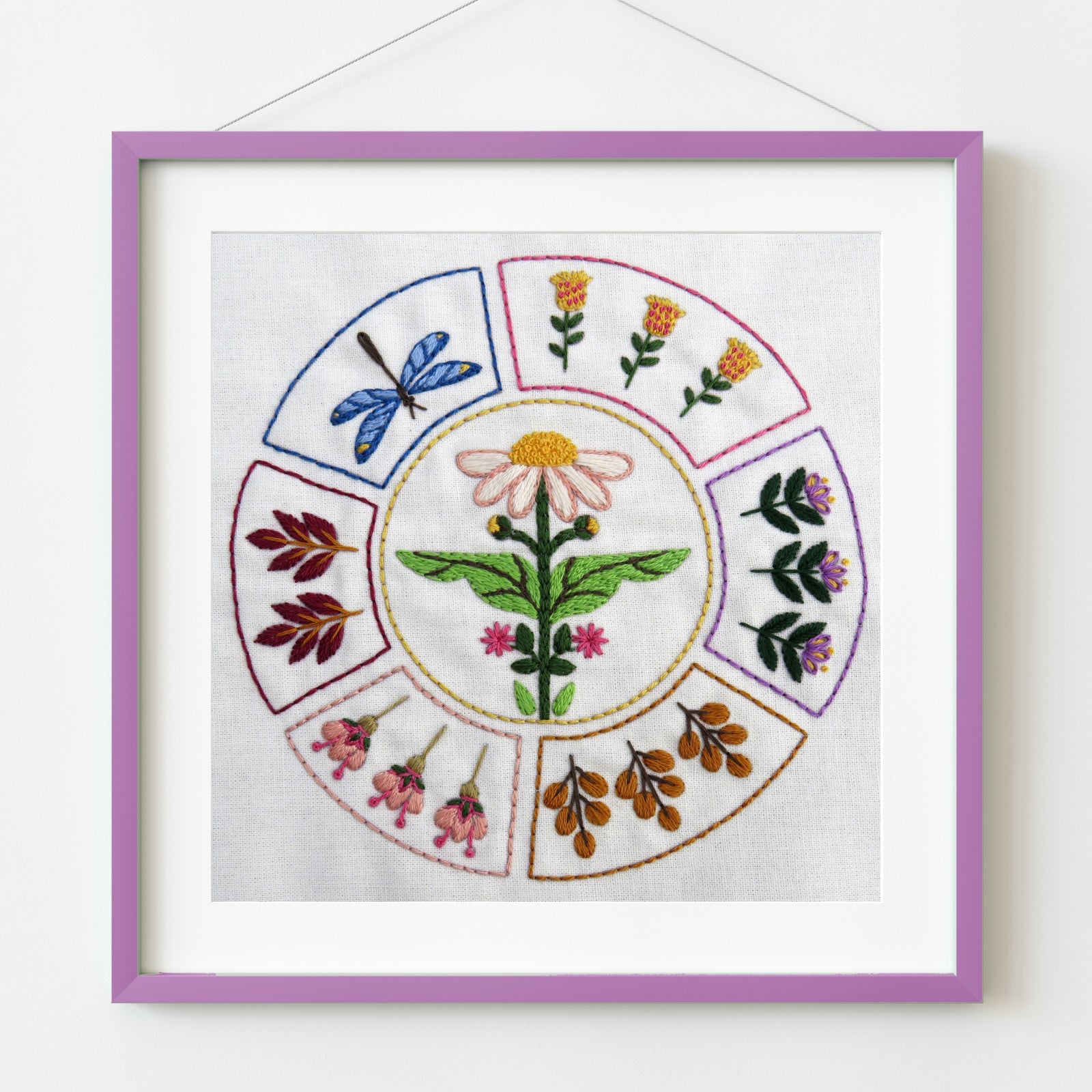 Embroidered circular design with flowers and a dragonfly in a purple frame on a white background