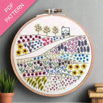 Embroidery hoop with floral design on a gray background, featuring 'PDF Pattern' text.