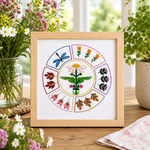 Framed embroidery of floral design on a wooden table with flowers and plants in the background