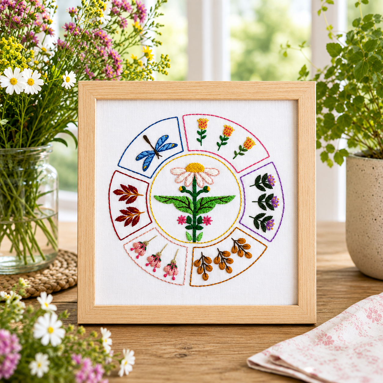 Framed embroidery of floral design on a wooden table with flowers and plants in the background