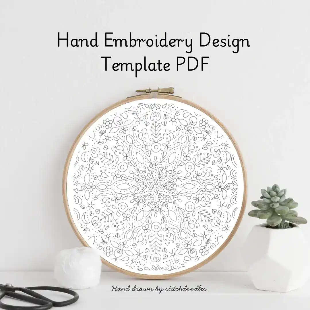 Hand embroidery design template PDF with a wooden hoop on a white background