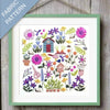 Framed fabric pattern with colorful flowers and birdhouses on a wooden surface