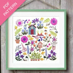 Embroidery pattern with flowers and small houses on a wooden surface, labeled 'PDF Pattern'.