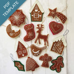 Collection of felt Christmas ornaments on a white wooden background with 'PDF Template' text.