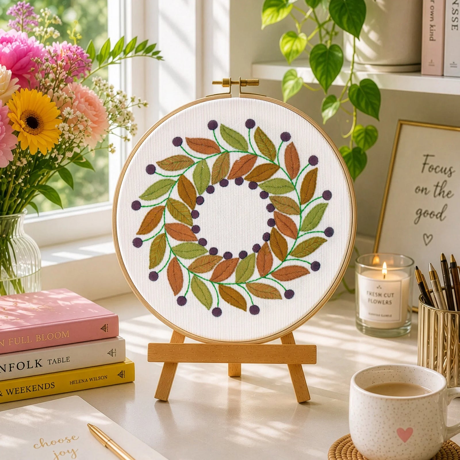 Golden Leaves, Pre Printed Embroidery Fabric Panel&nbsp;

A design inspired by my love of Baltimore quilts, this hand embroidery pattern showcases an array of beautiful autumn leaves and berries.