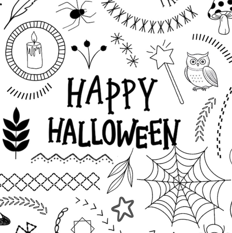 Black and white Halloween-themed doodle collection with illustrations of ghosts, pumpkins, bats, spiders, a witch hat, candy, a tombstone reading RIP, a wand, and the words 'Happy Halloween' and 'Trick or Treat'.