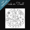 Halloween-themed coloring page with 'Trick or Treat' text on a black background.