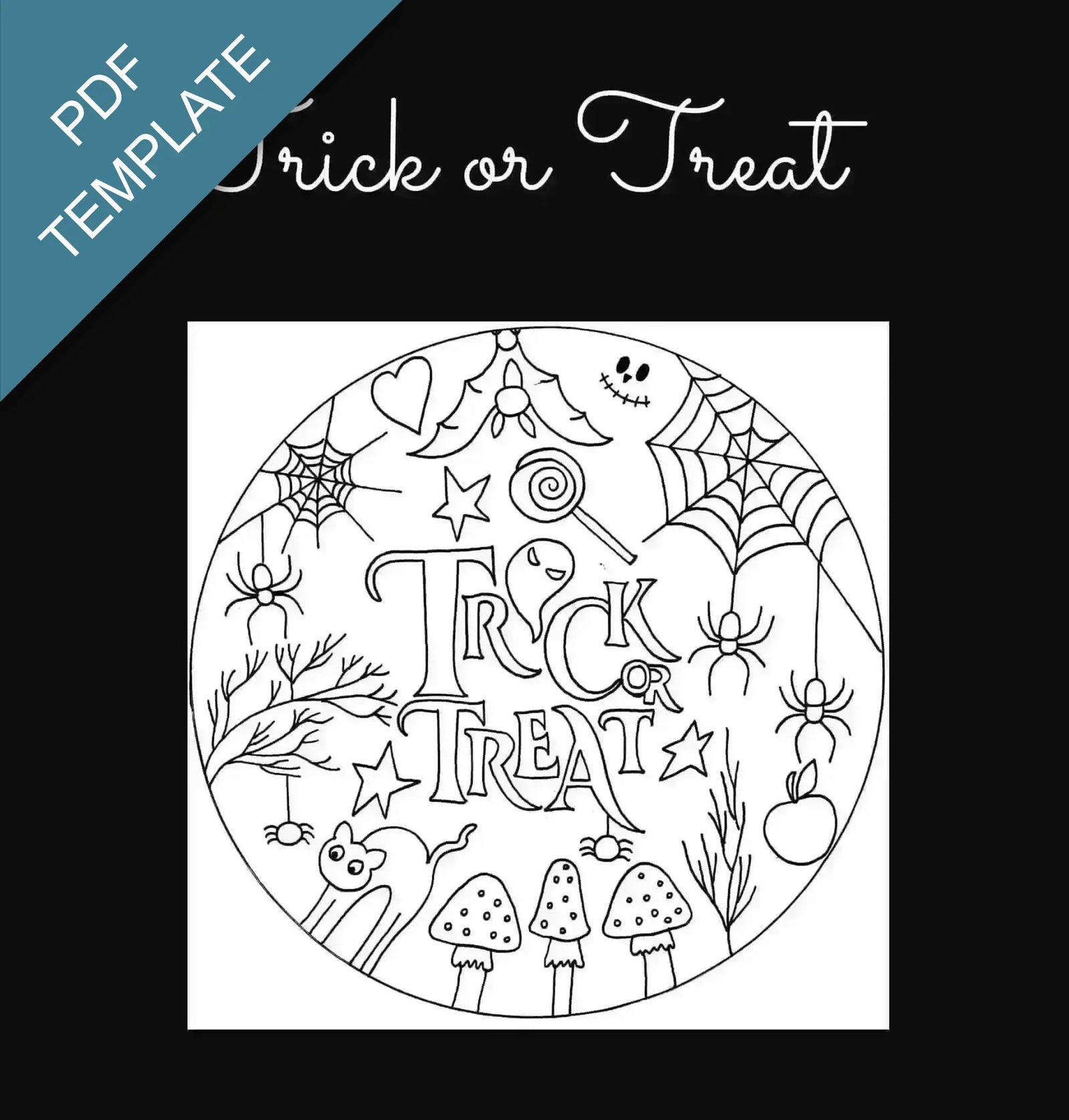 Halloween-themed coloring page with 'Trick or Treat' text on a black background.