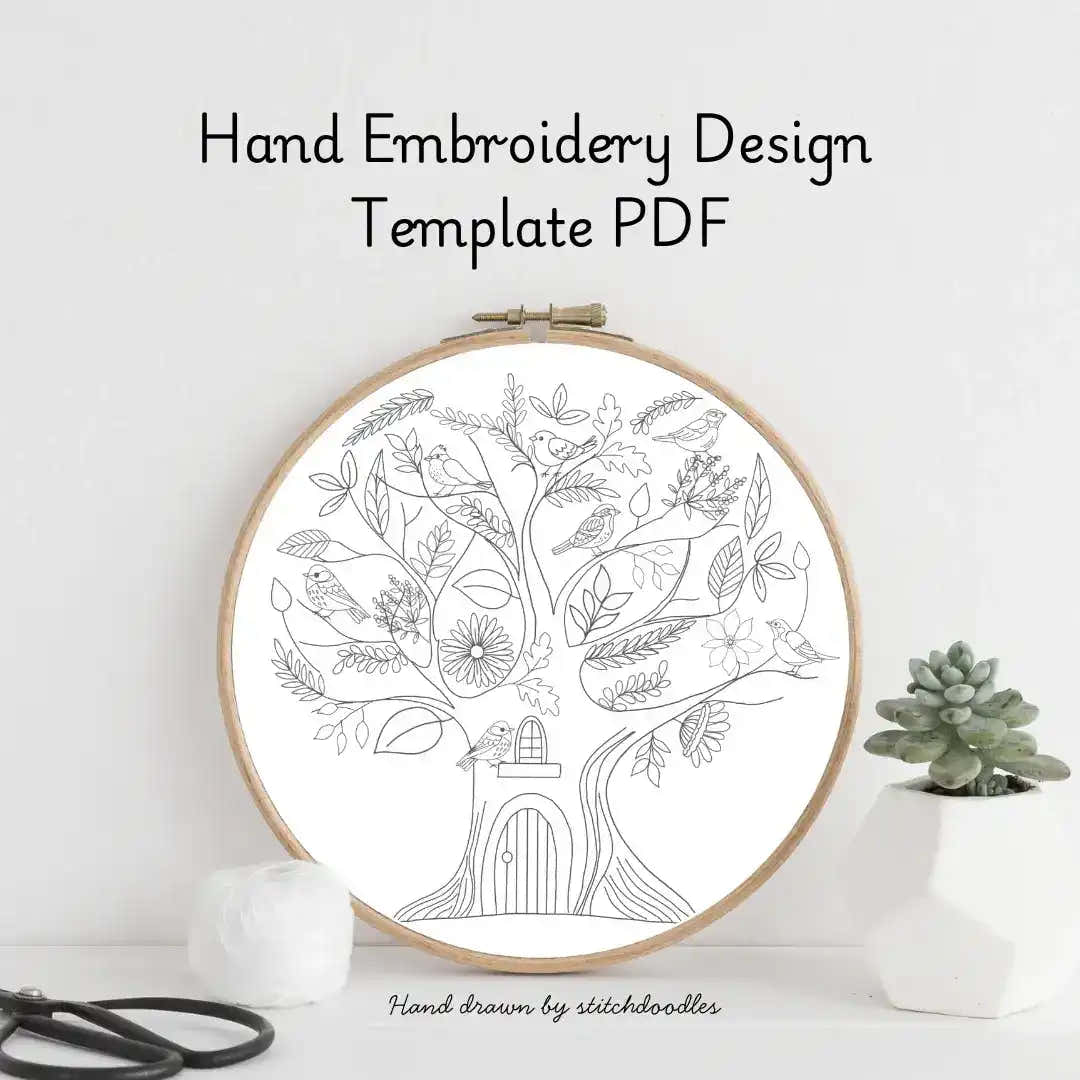Hand embroidery design template PDF with a tree and birds pattern in an embroidery hoop on a white background.
