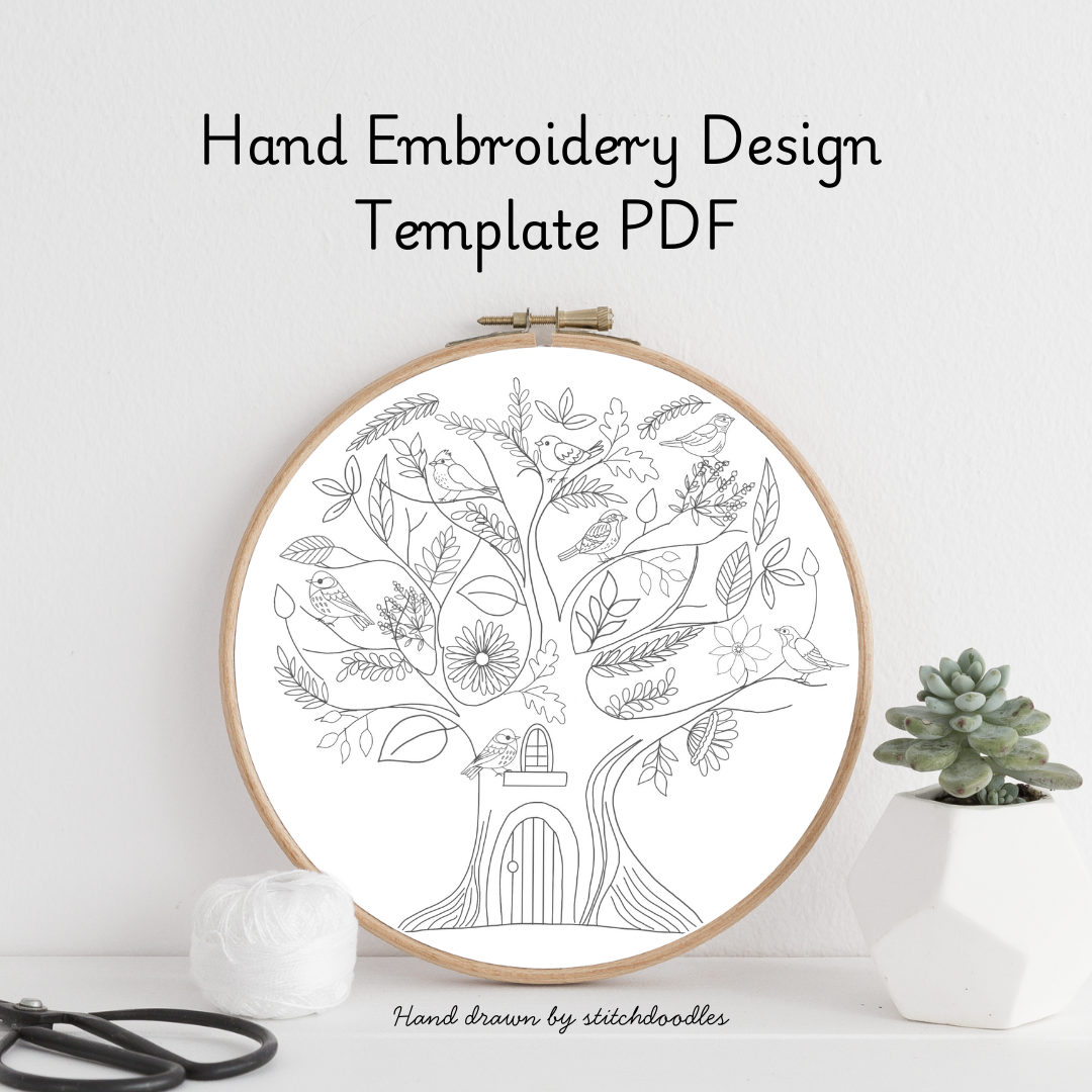 Hand embroidery design template PDF with a tree and birds pattern in an embroidery hoop on a white background.