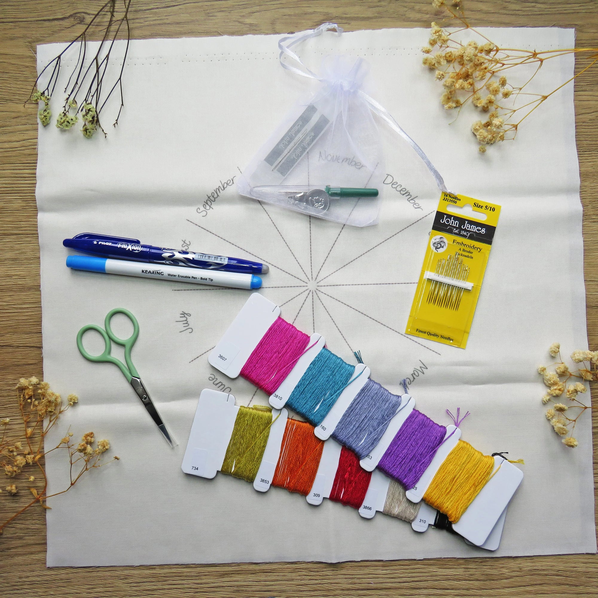 Embroidery thread set with markers, scissors, and a bag on a wooden surface.