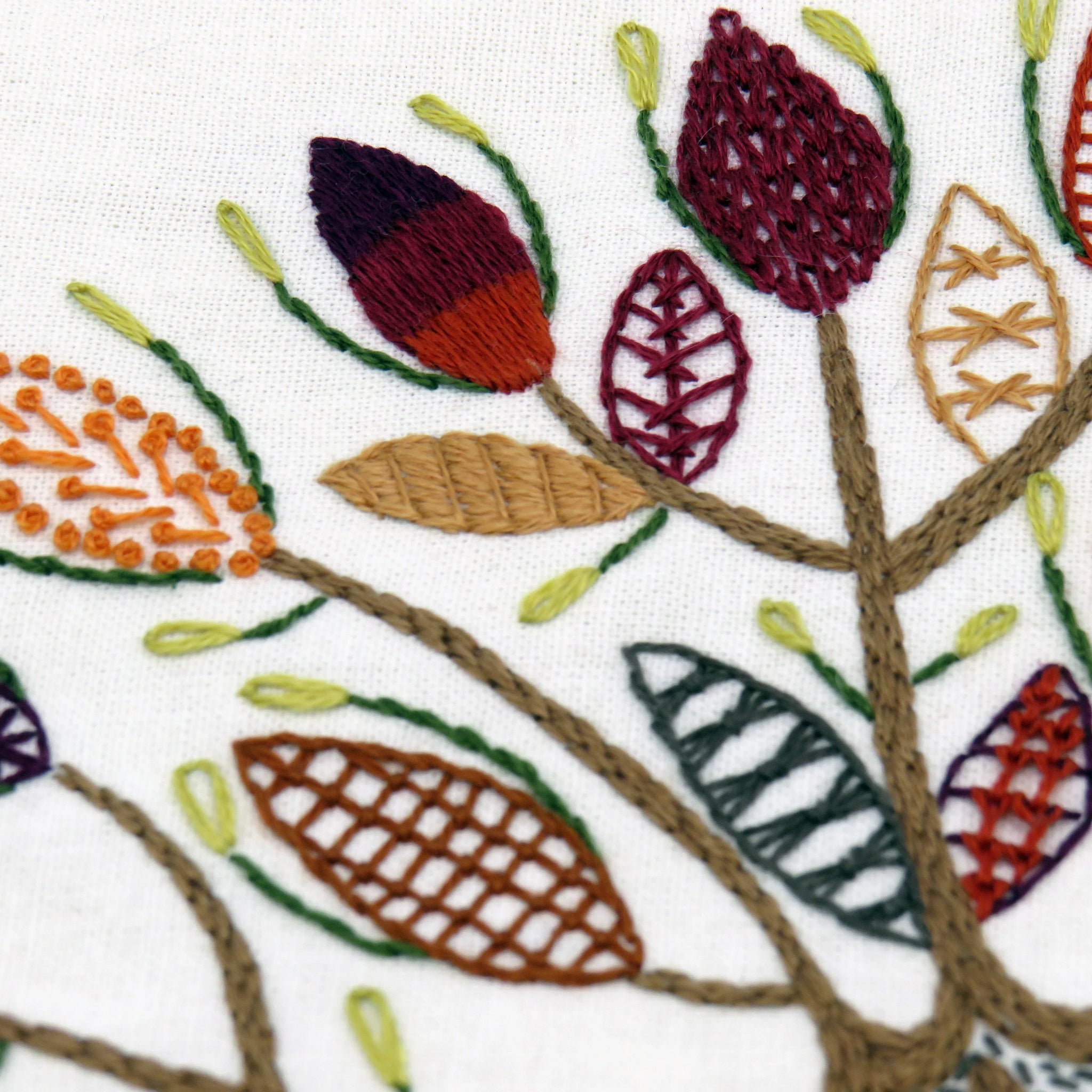 Close-up of embroidered leaves and acorns on a white background