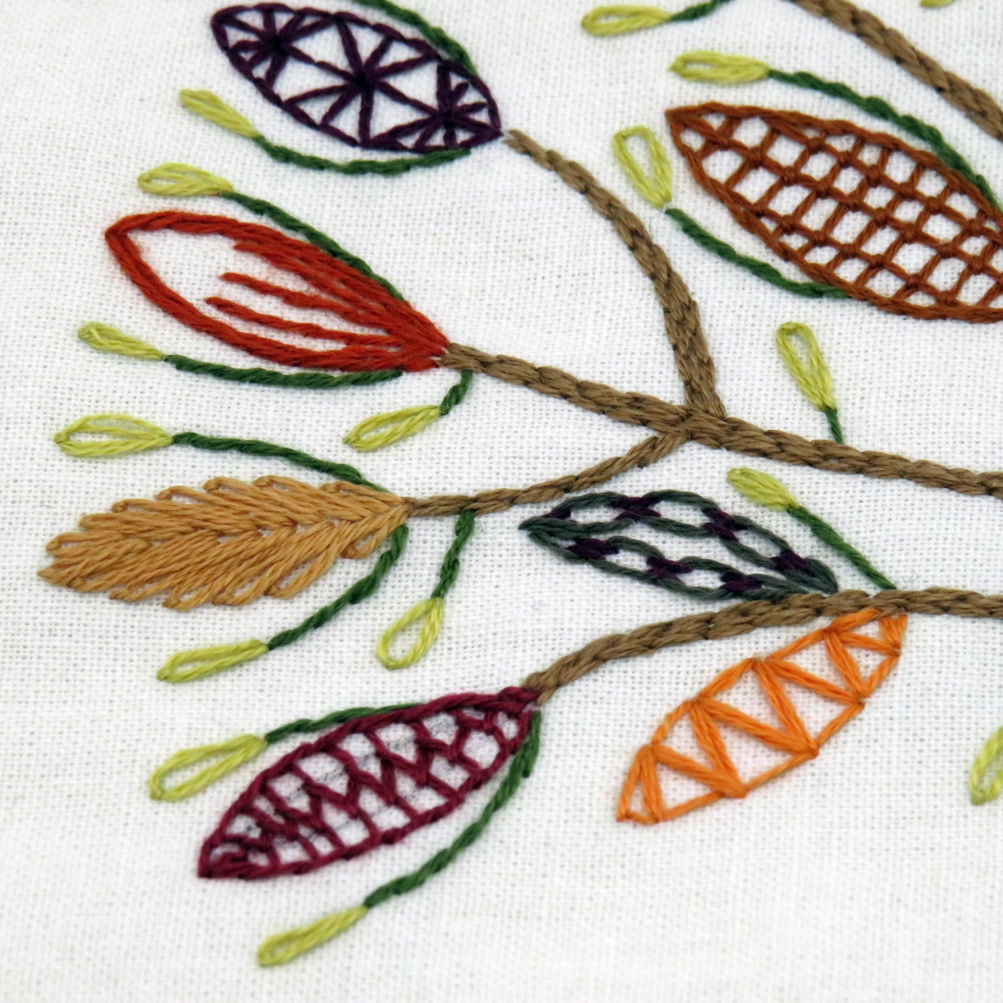 Embroidered branch with colorful leaves on a white fabric background