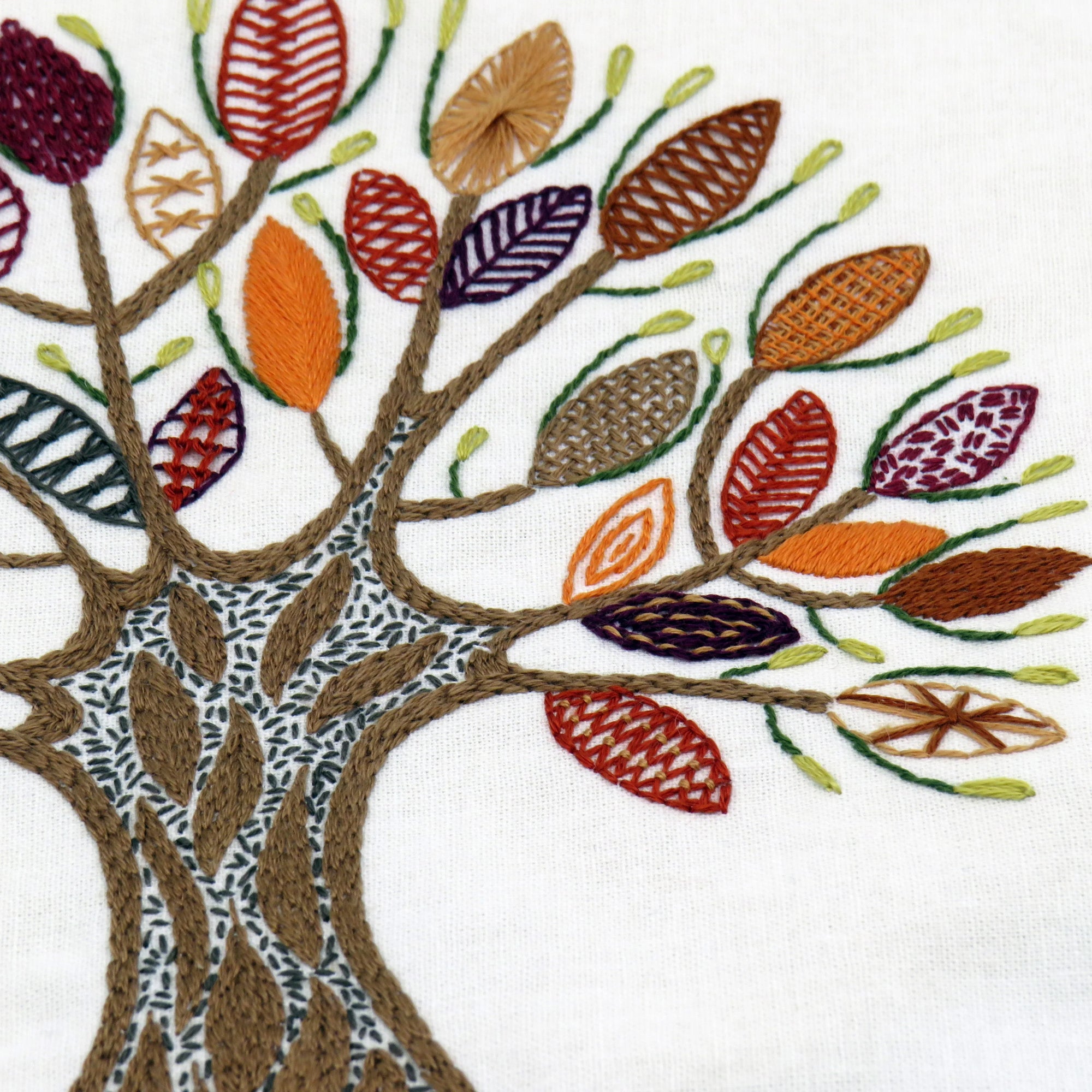 Embroidered tree design with colorful leaves on a white background