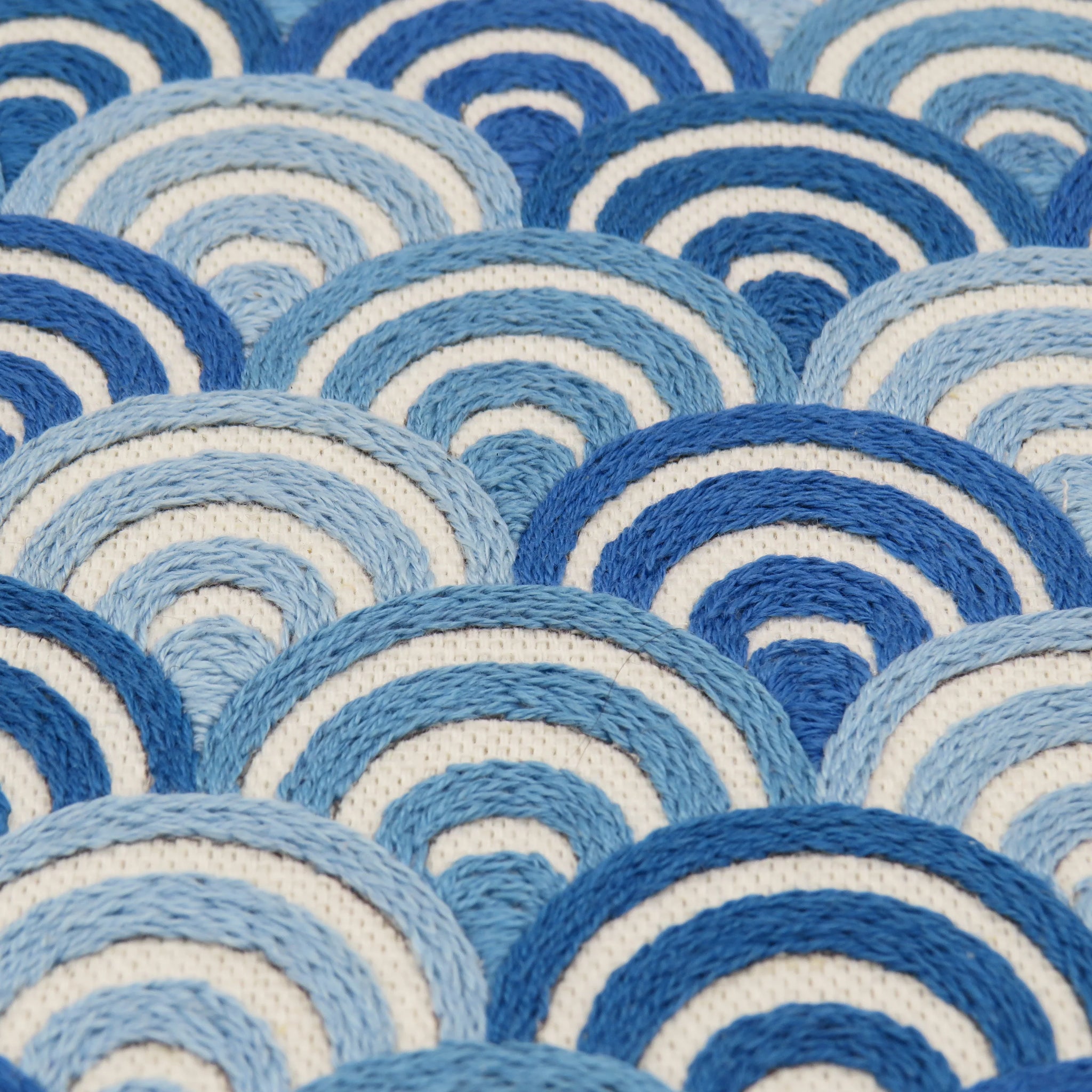 Pattern of blue and white concentric circles on a textured surface
