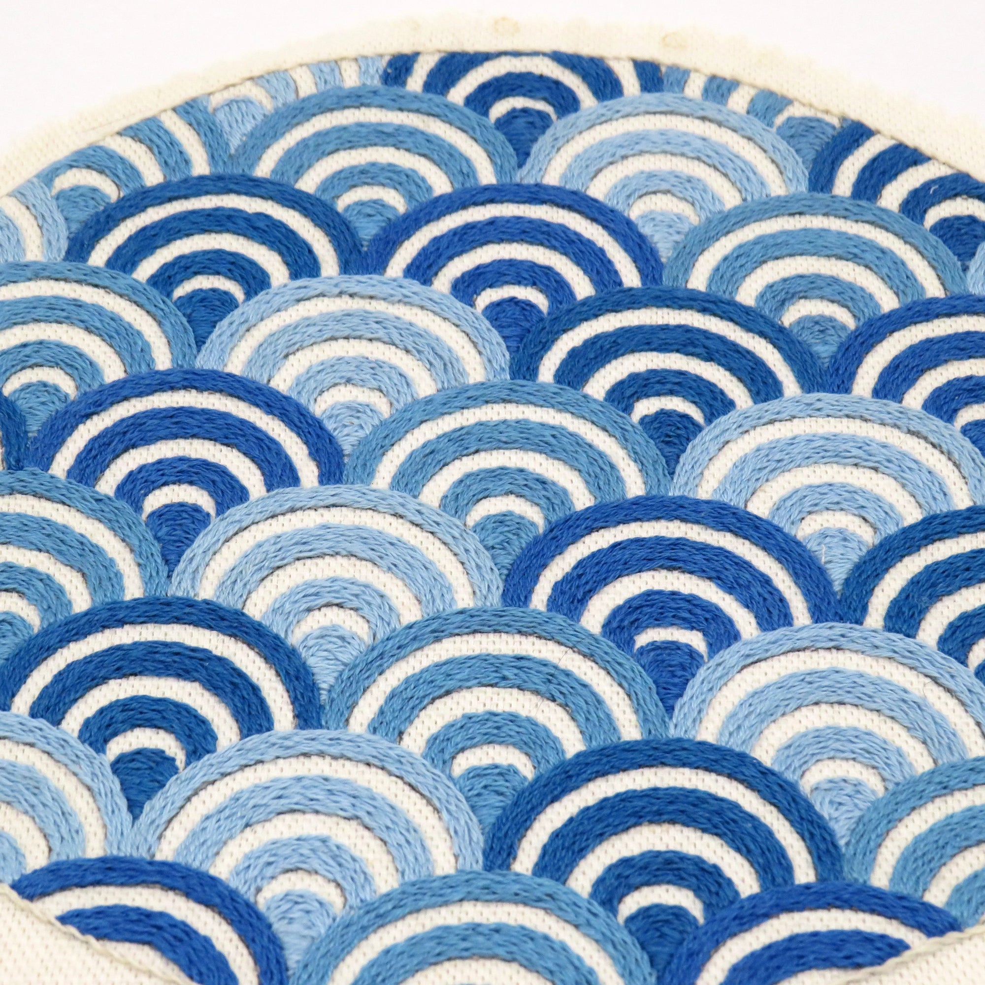 Round rug with blue and white circular pattern