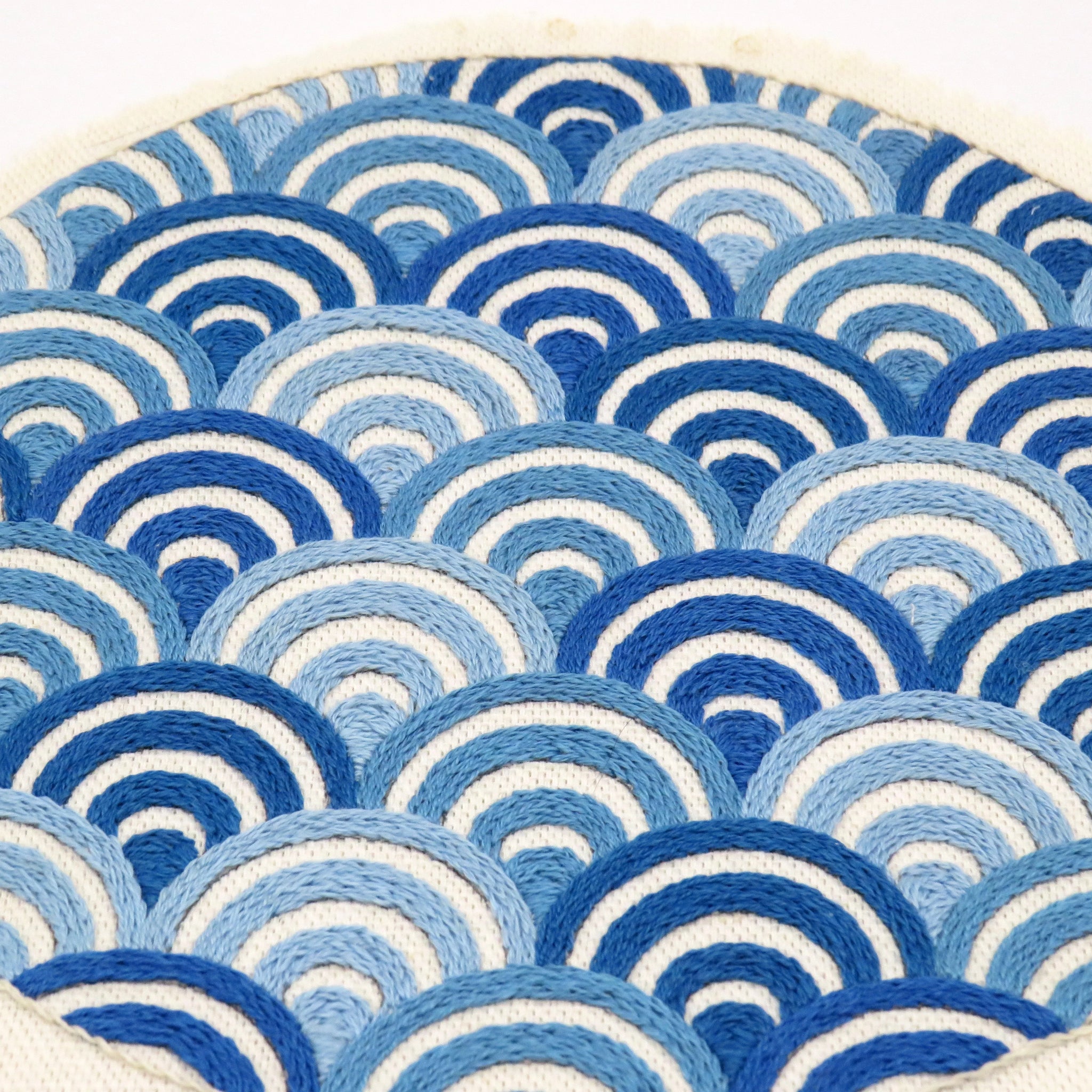 Round rug with blue and white circular pattern