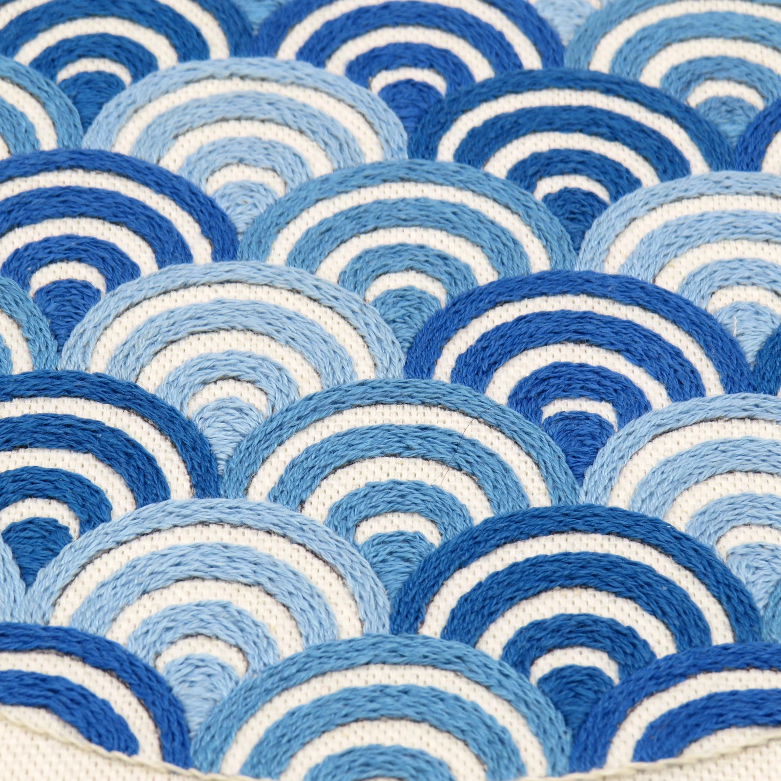 Pattern of blue and white concentric circles on a textured surface