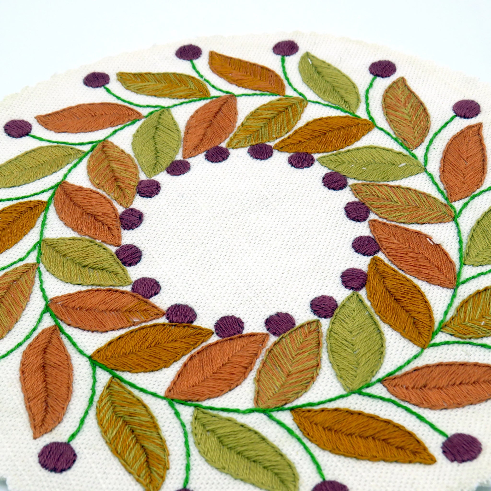 Embroidered design of leaves and berries on a white fabric background