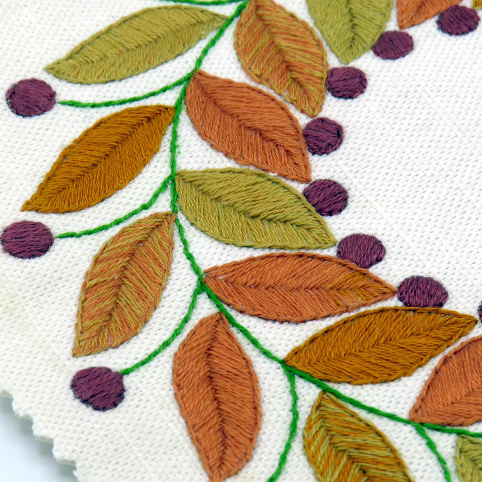 Embroidered design of leaves and berries on fabric