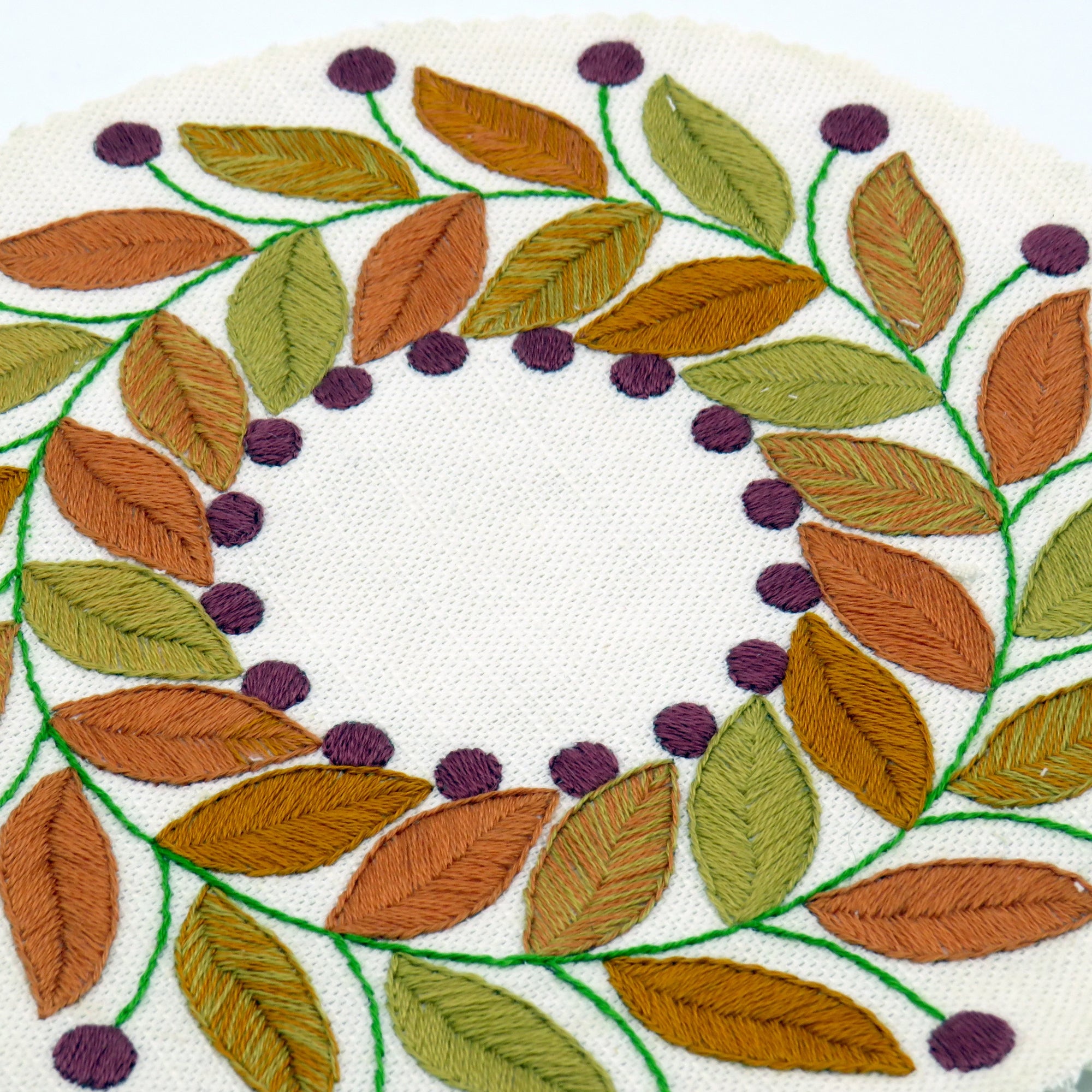 Embroidered design of leaves and berries on a white fabric background