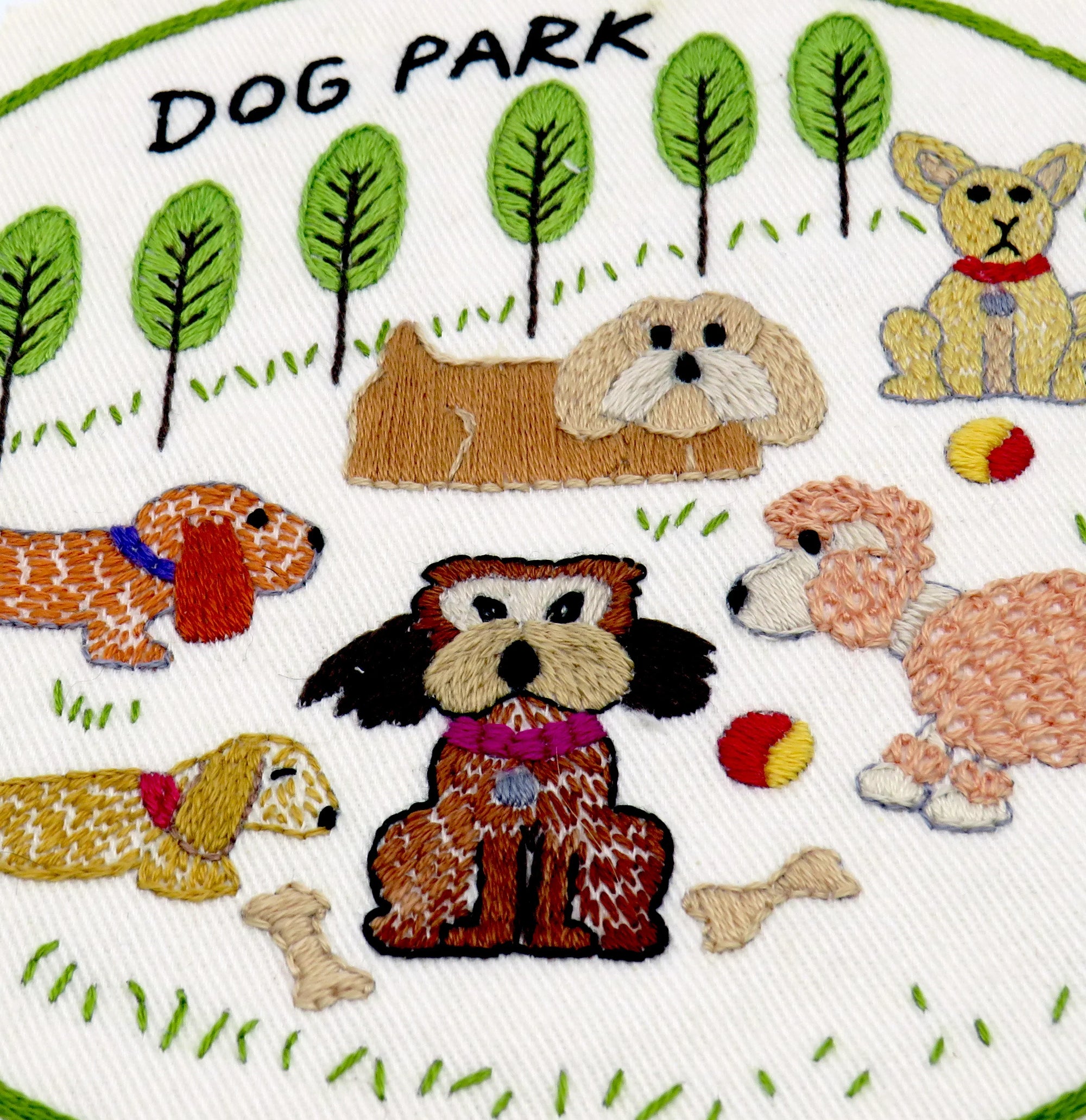 Dogs are such fun and what could be more lovely for a dog lover than a park full of the furry little woofers. This design features 6 different dogs for you to enjoy stitching.