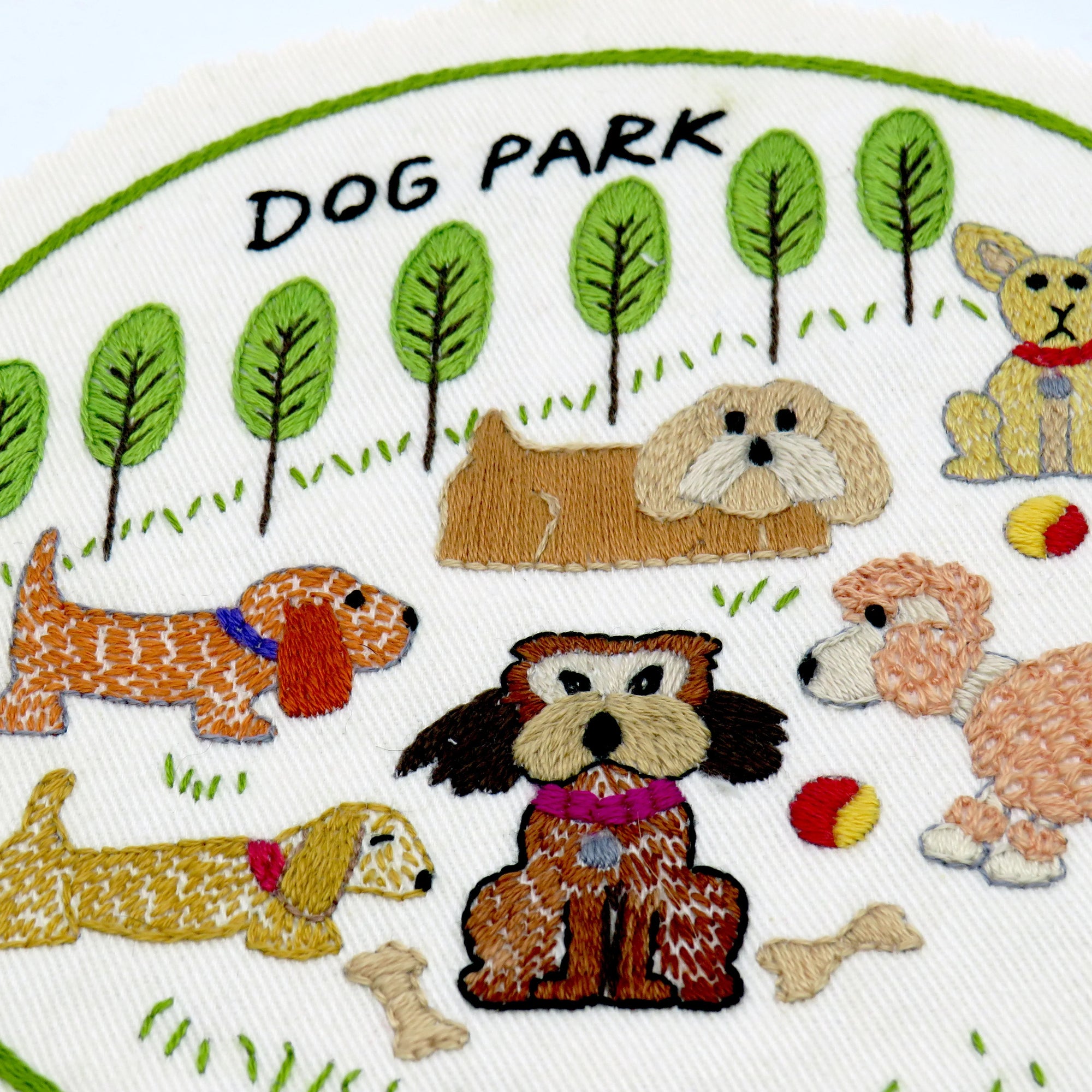 Dogs are such fun and what could be more lovely for a dog lover than a park full of the furry little woofers. This design features 6 different dogs for you to enjoy stitching.