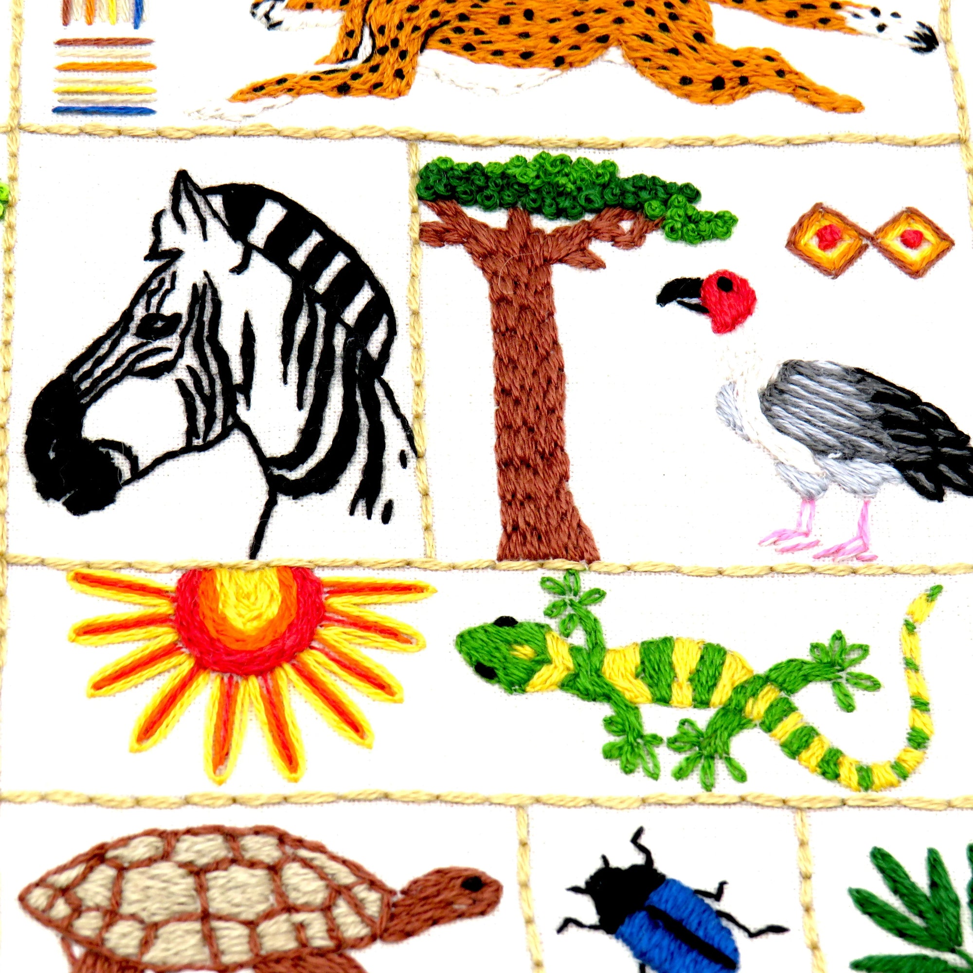 Stitch your way through the flora and fauna of Africa whilst encountering magnificent animals and birds along the way. From the majestic lion to the humble beetle, there are so many discoveries to stitch you will be delighted to see it all come alive in thread.