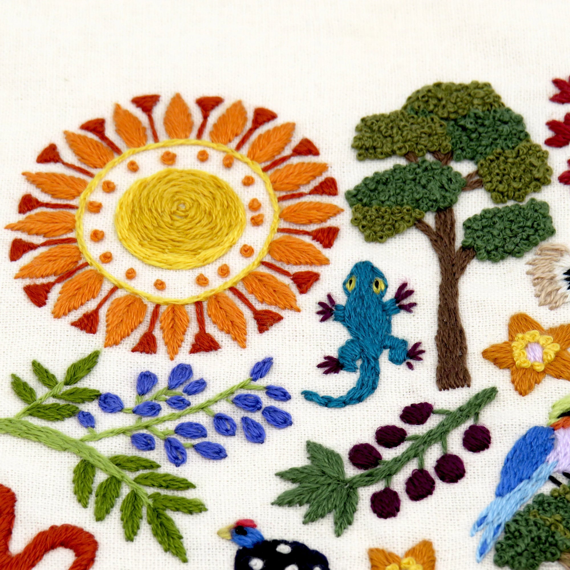 Embroidered pattern with animals, trees, and flowers on a white background