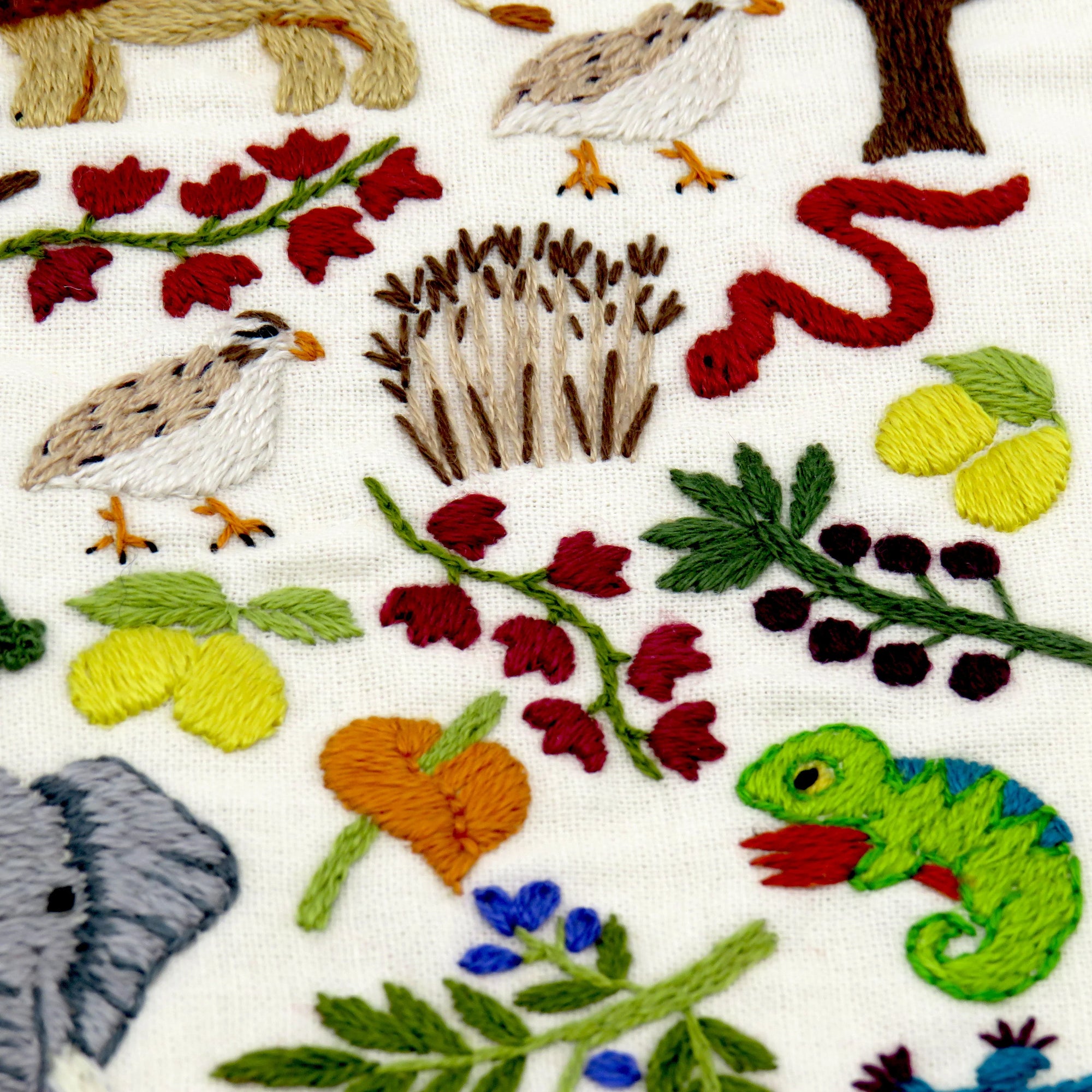 Embroidered pattern with animals, trees, and flowers on a white background