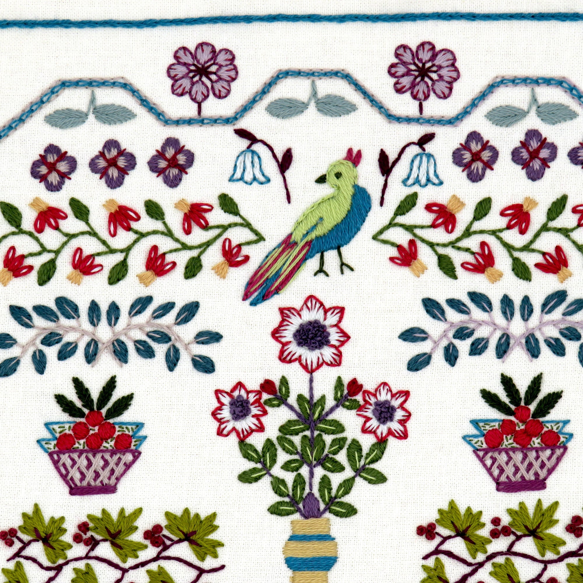 Embroidered design with flowers, birds, and baskets on a white background