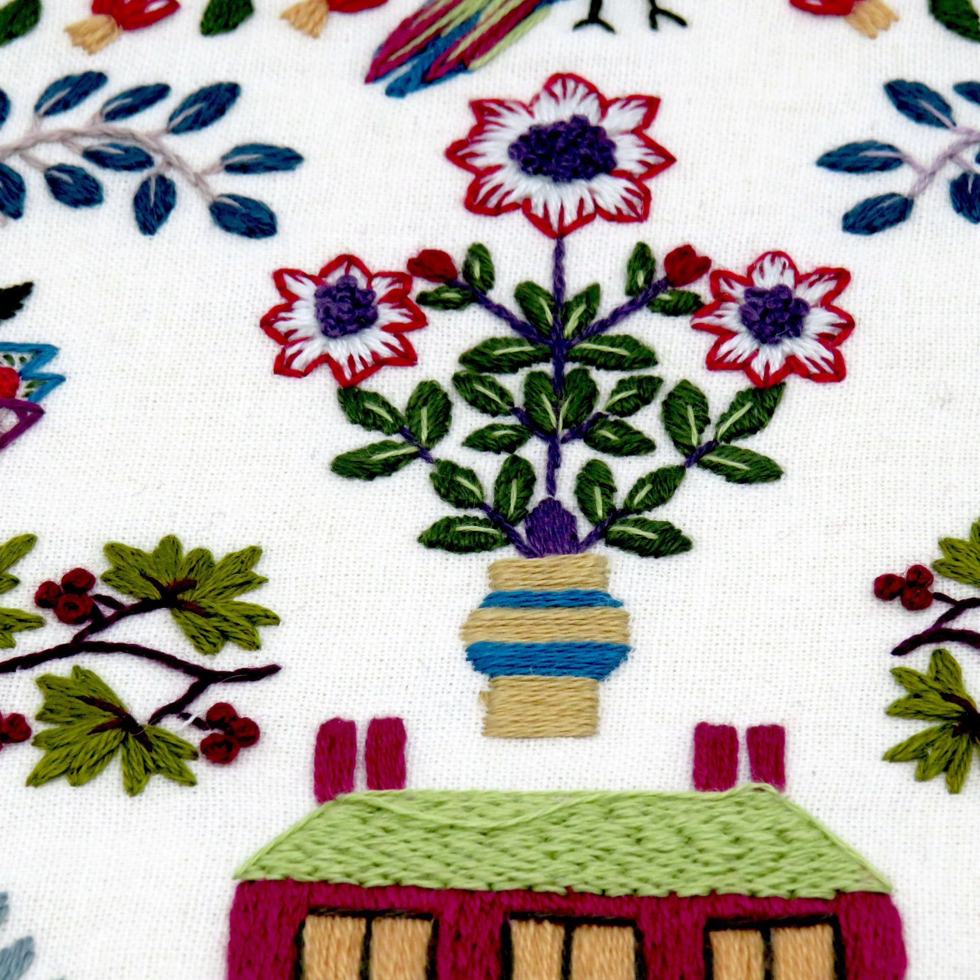 Embroidered design of a house with flowers and plants on a white background
