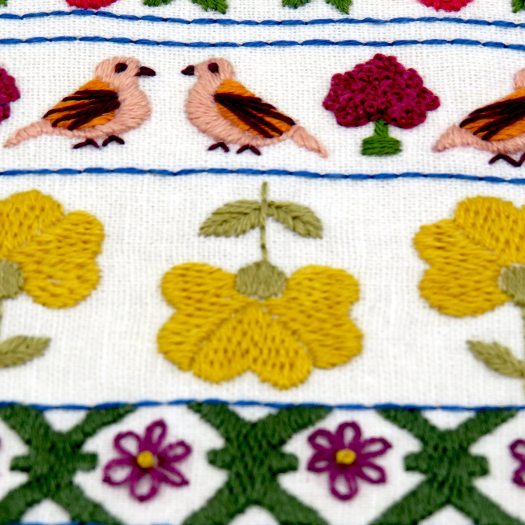 Embroidered fabric with birds, flowers, and geometric patterns on a white background