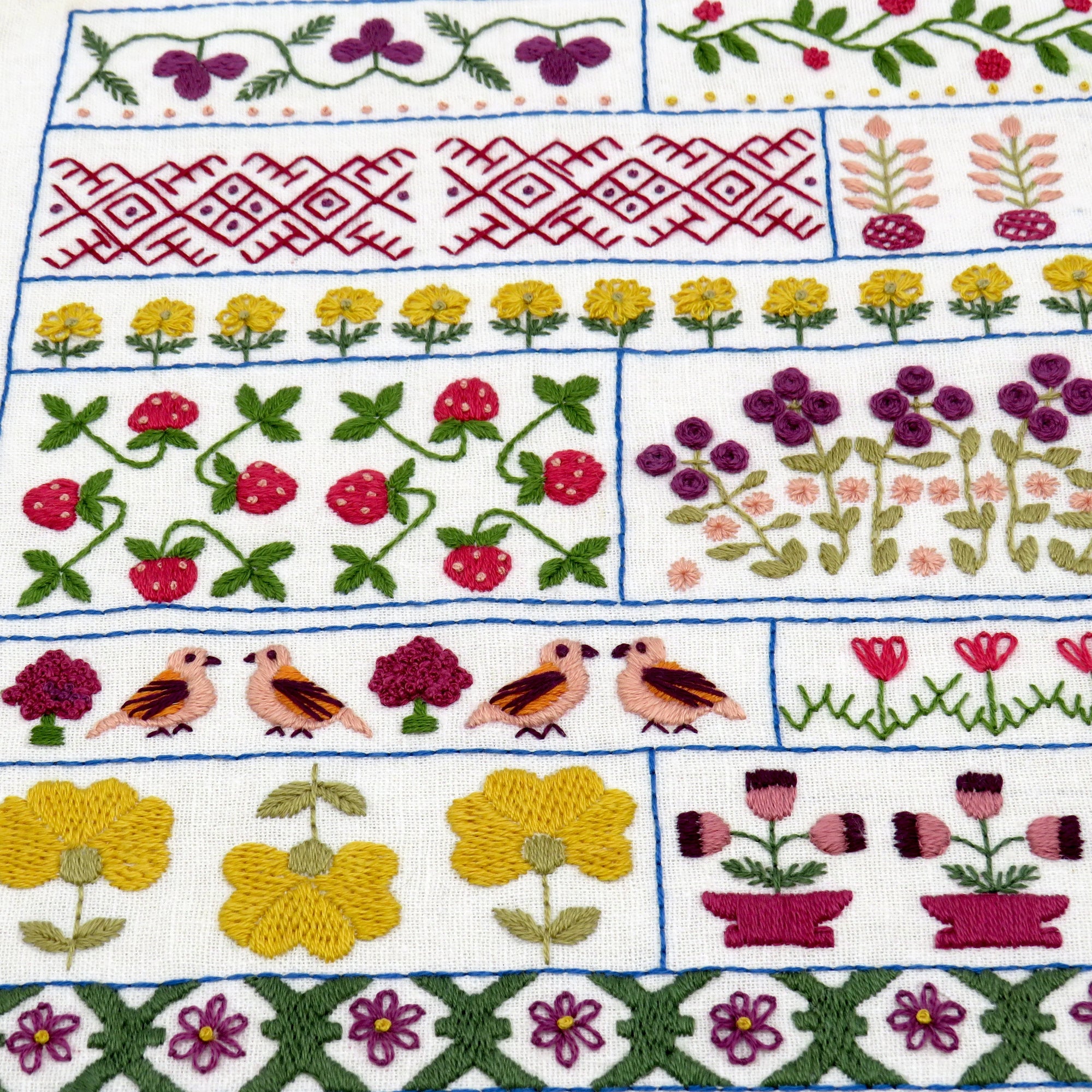 Embroidered fabric with floral and bird patterns on a white background