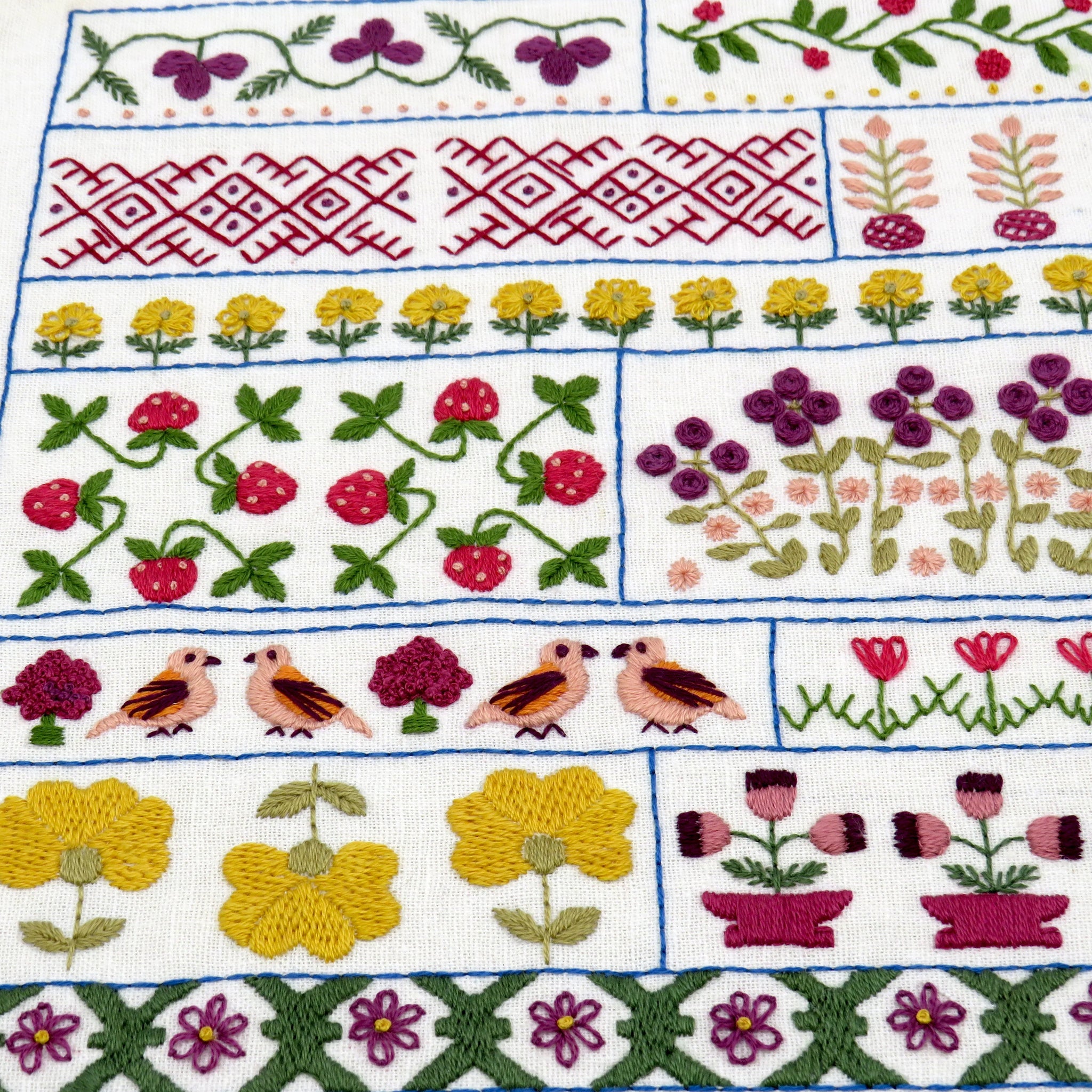 Embroidered fabric with floral and bird patterns on a white background