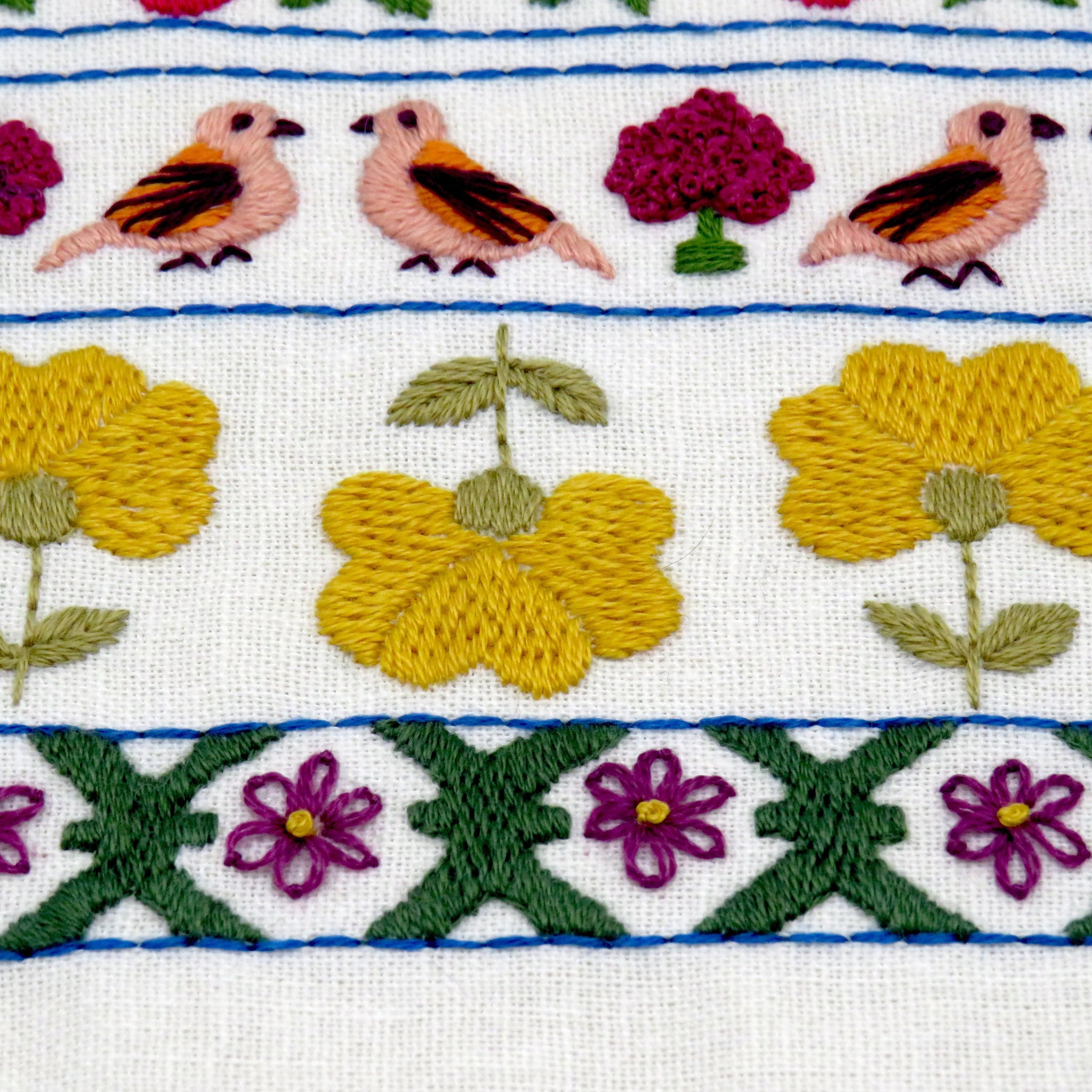 Embroidered fabric with birds, flowers, and geometric patterns on a white background