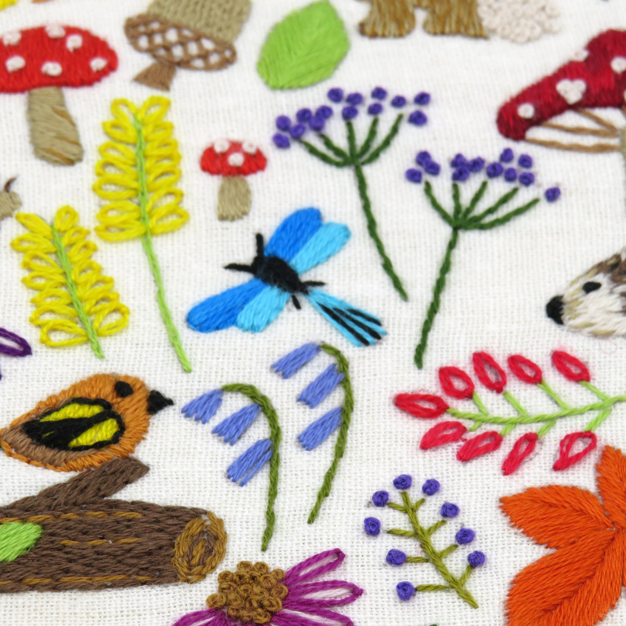 Embroidered pattern with flowers, mushrooms, and animals on a white background