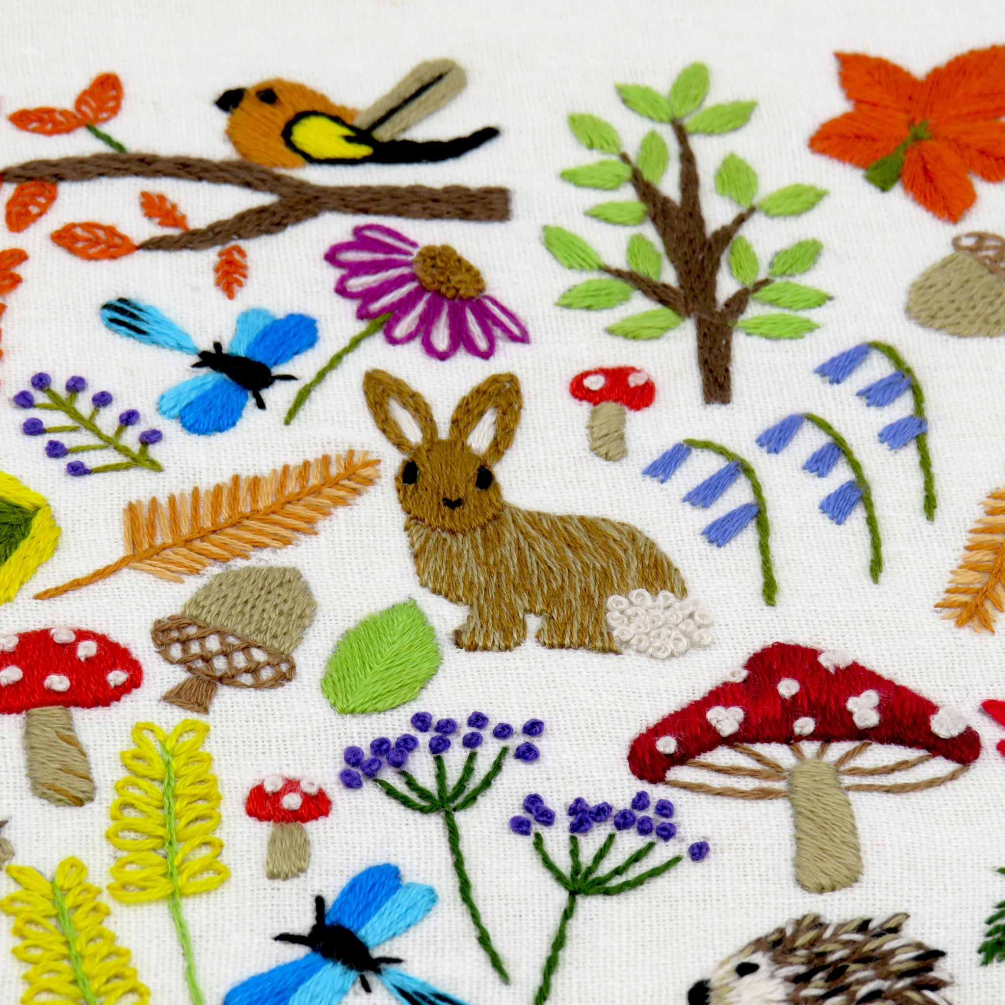 Embroidered pattern with animals, plants, and insects on a white background
