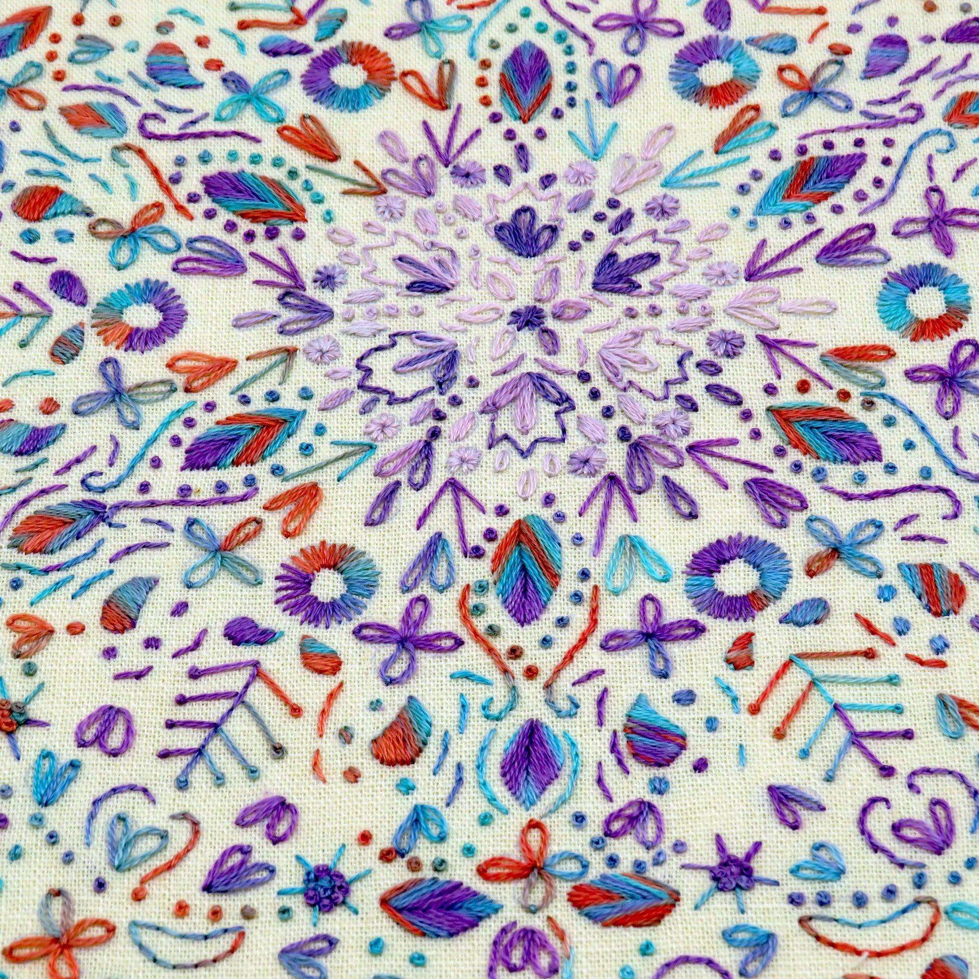 Close-up of colorful embroidered pattern on fabric