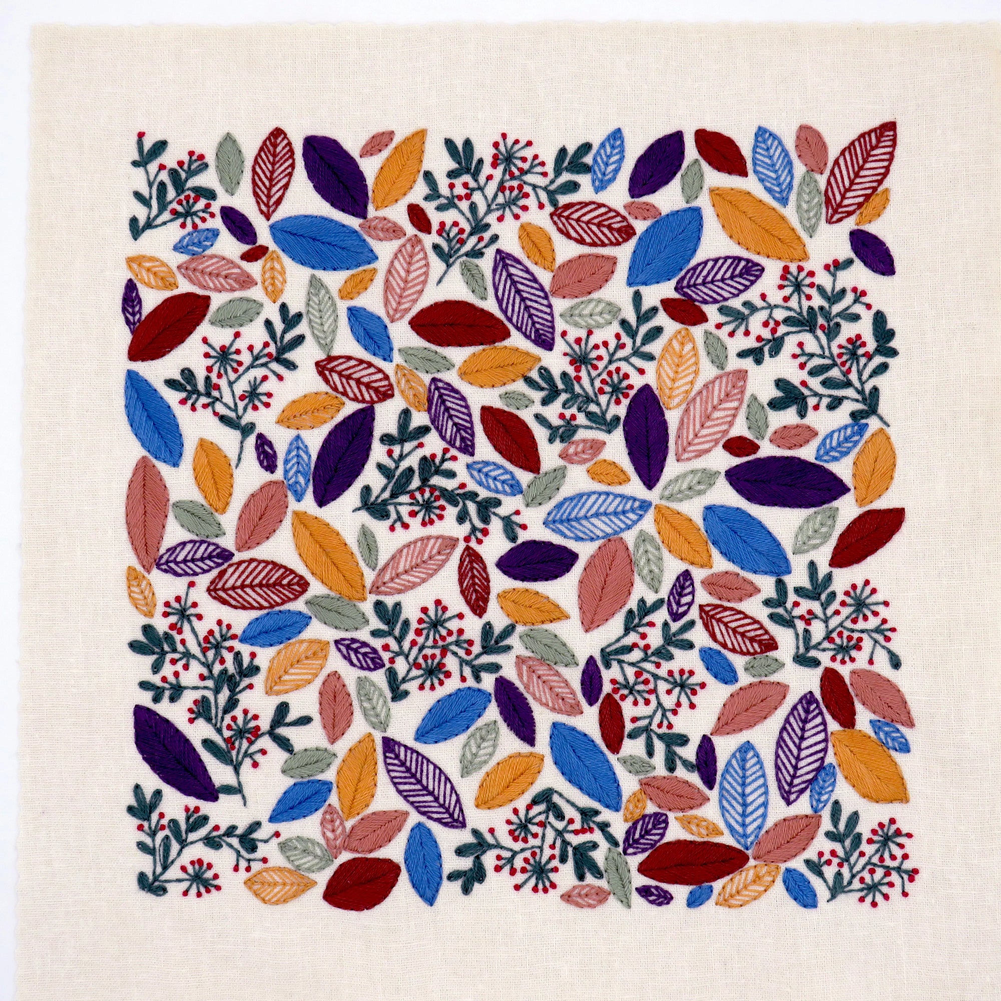 A beautifully simple design with very few stitches - this gorgeous leaf pattern has wonderful wintery colored leaves intermingled within the berries and leaves. This is a delight to stitch and incredibly absorbing. Suitable for beginners through to advanced.