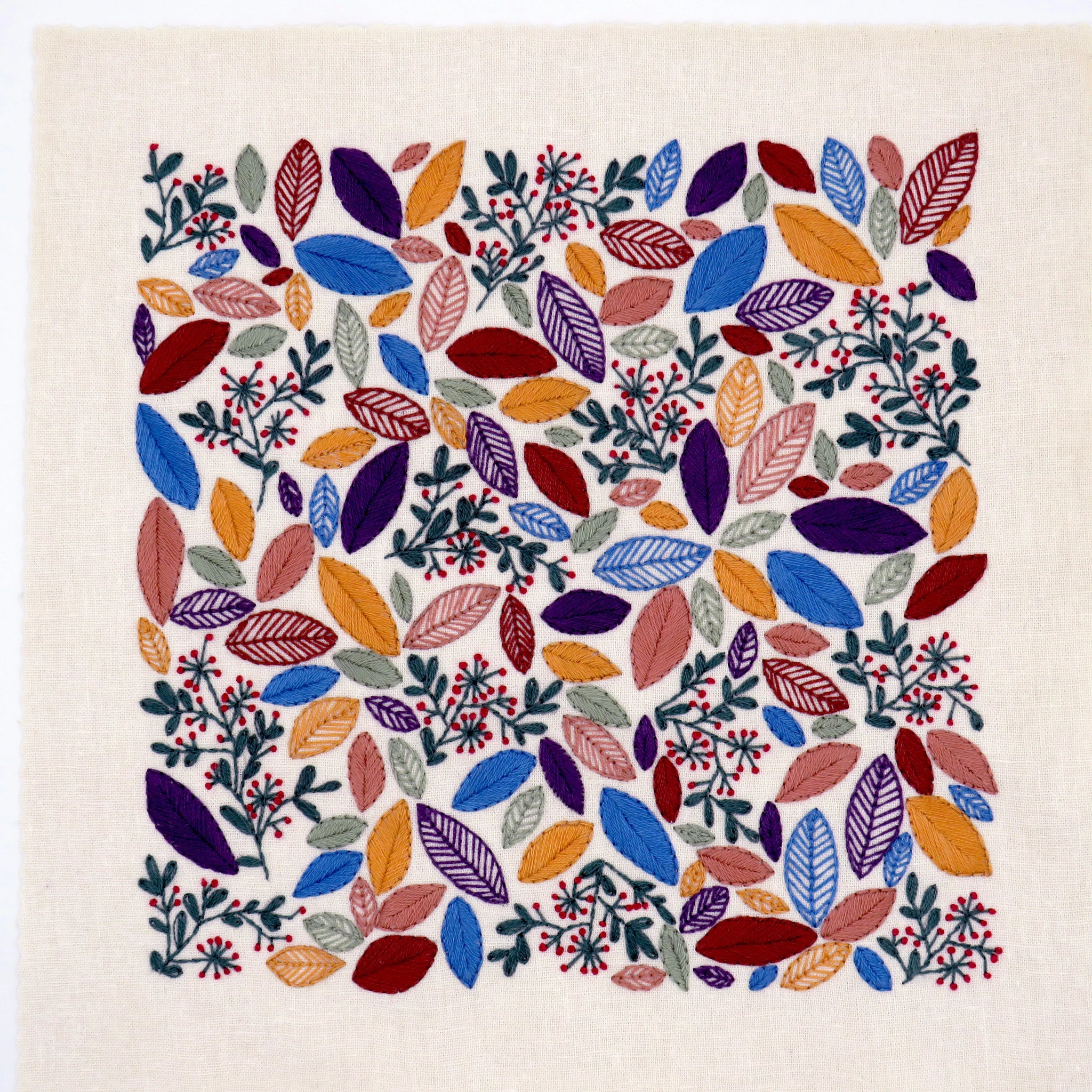 A beautifully simple design with very few stitches - this gorgeous leaf pattern has wonderful wintery colored leaves intermingled within the berries and leaves. This is a delight to stitch and incredibly absorbing. Suitable for beginners through to advanced.