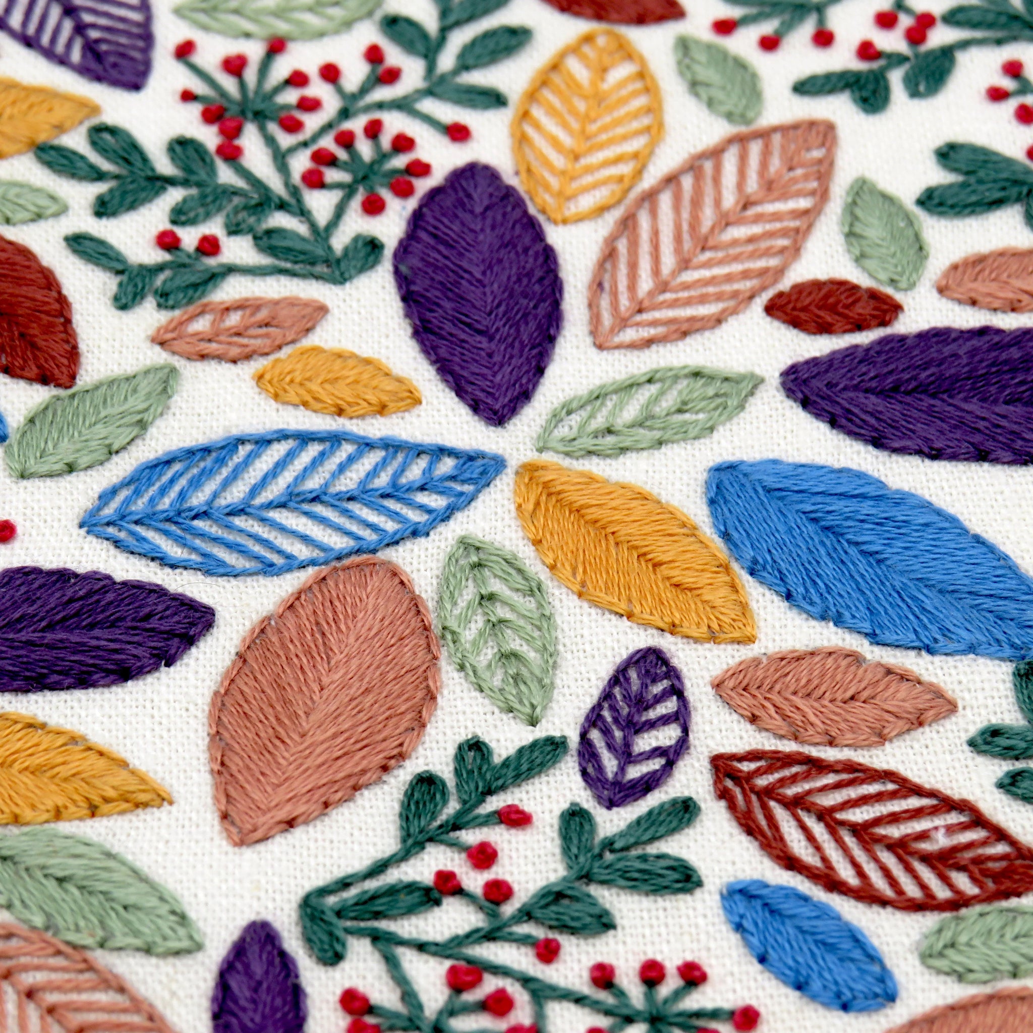 A beautifully simple design with very few stitches - this gorgeous leaf pattern has wonderful wintery colored leaves intermingled within the berries and leaves. This is a delight to stitch and incredibly absorbing. Suitable for beginners through to advanced.