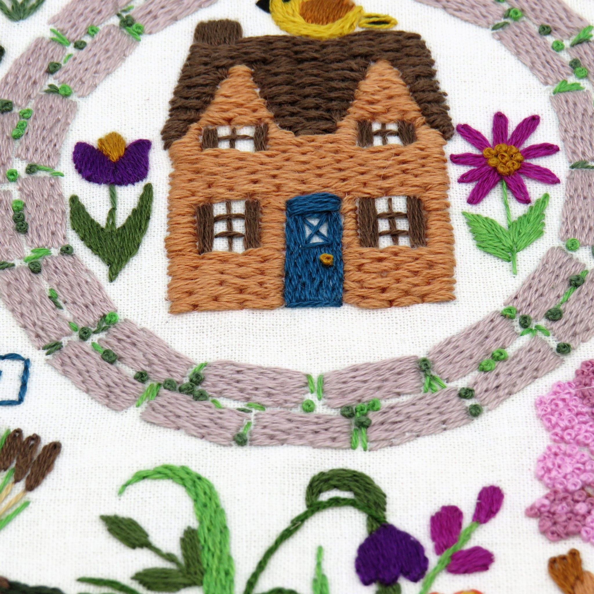Embroidered design of a house surrounded by flowers and plants on a white background