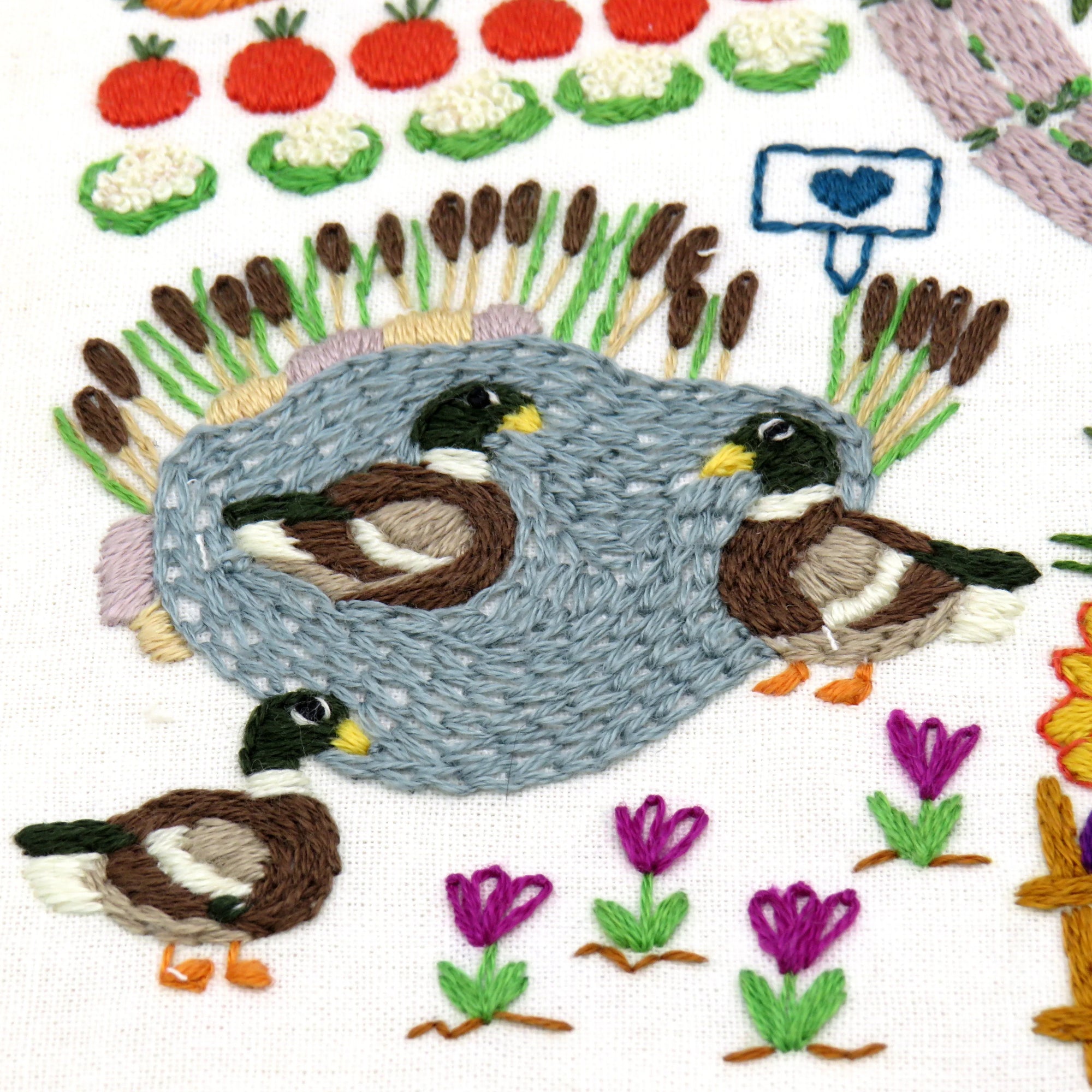 Embroidered design of a bird nest with birds and flowers on a white background